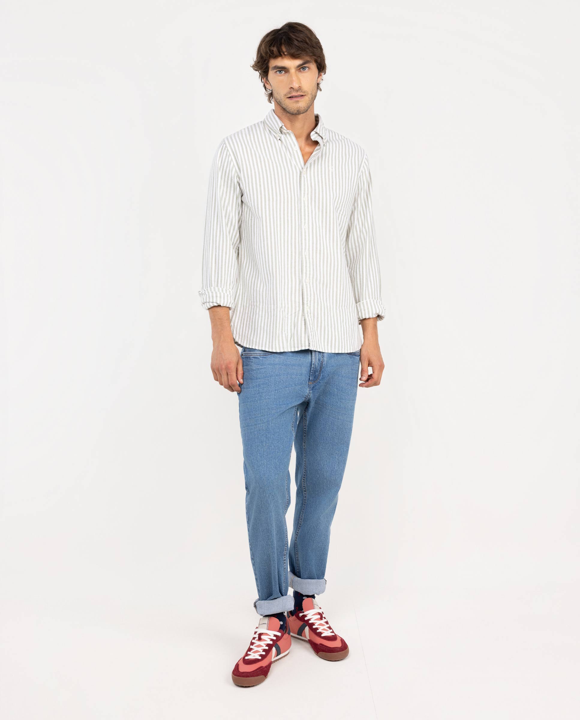 Cream Flannel Shirt W Green Bengal Stripes