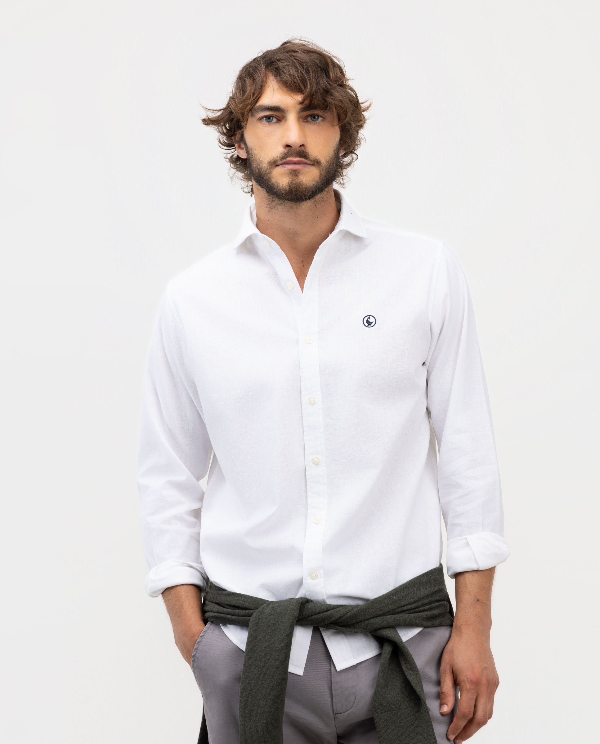 White Linen Cotton Shirt with Italian Collar