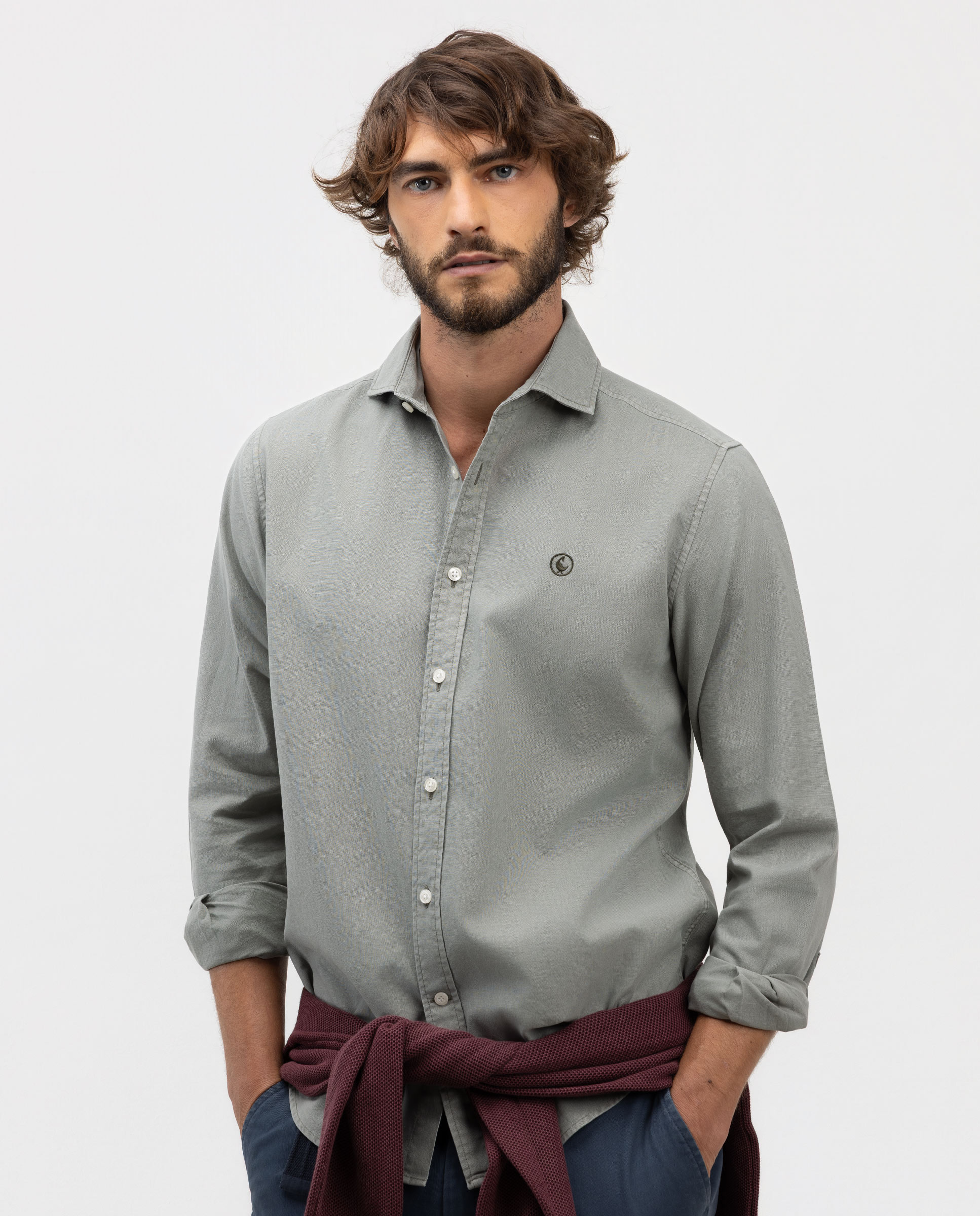 Green Linen Cotton Shirt with Italian Collar
