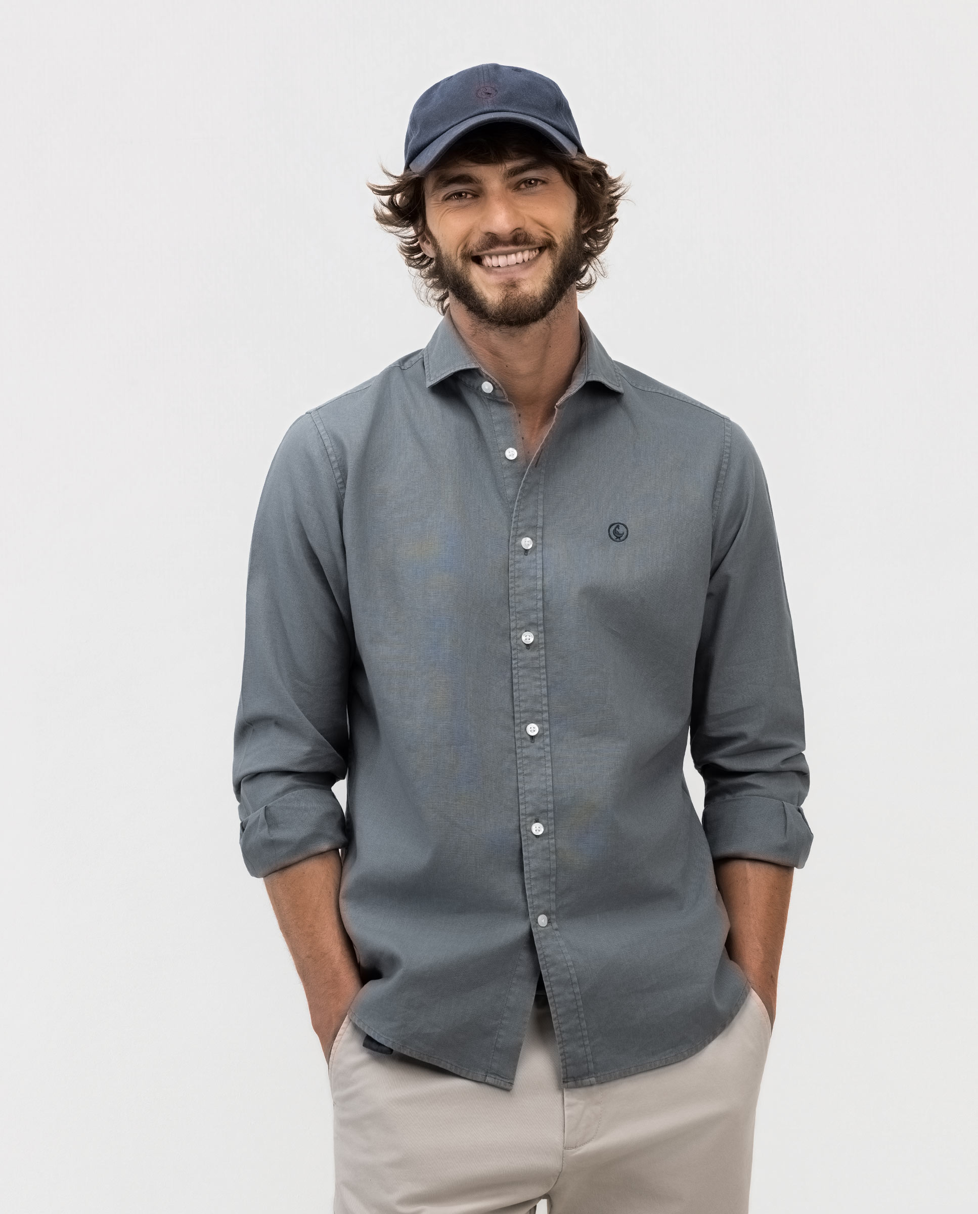 Dark Green Linen Cotton Shirt with Italian Collar