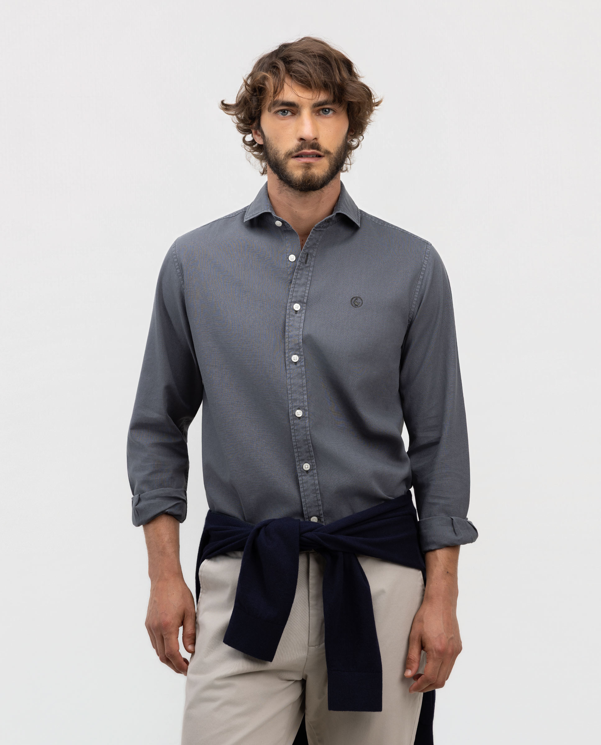 Linen Cotton Shirt with Italian Collar, Gray