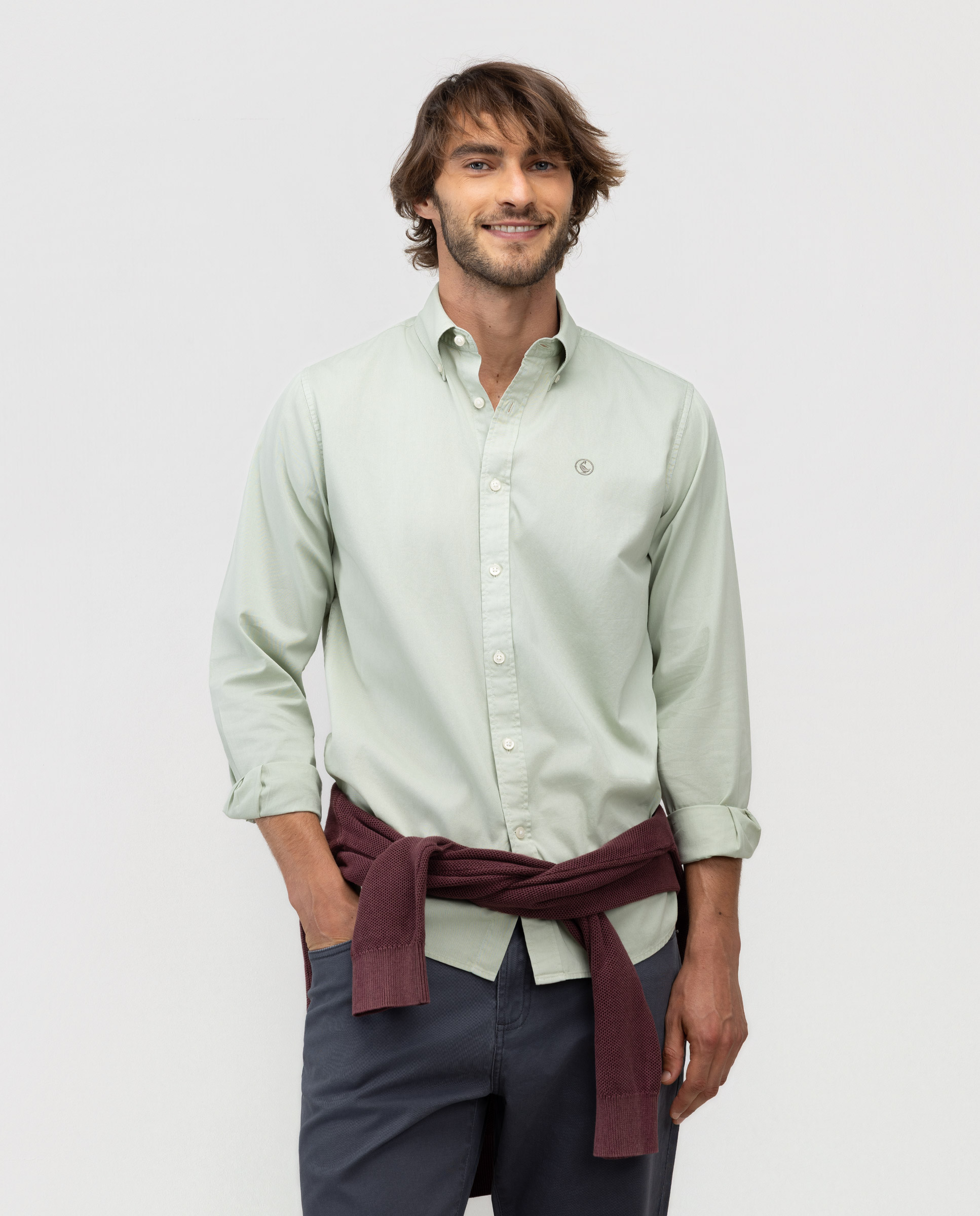 Garment Dyed Button Down Green Shirt