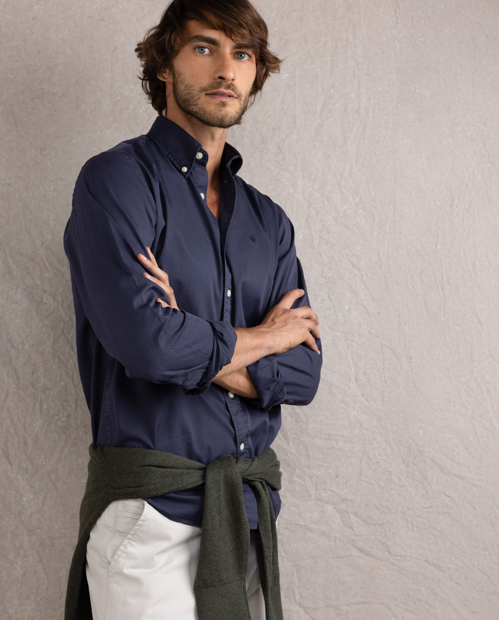 Garment Dyed Button Down Navy Shirt