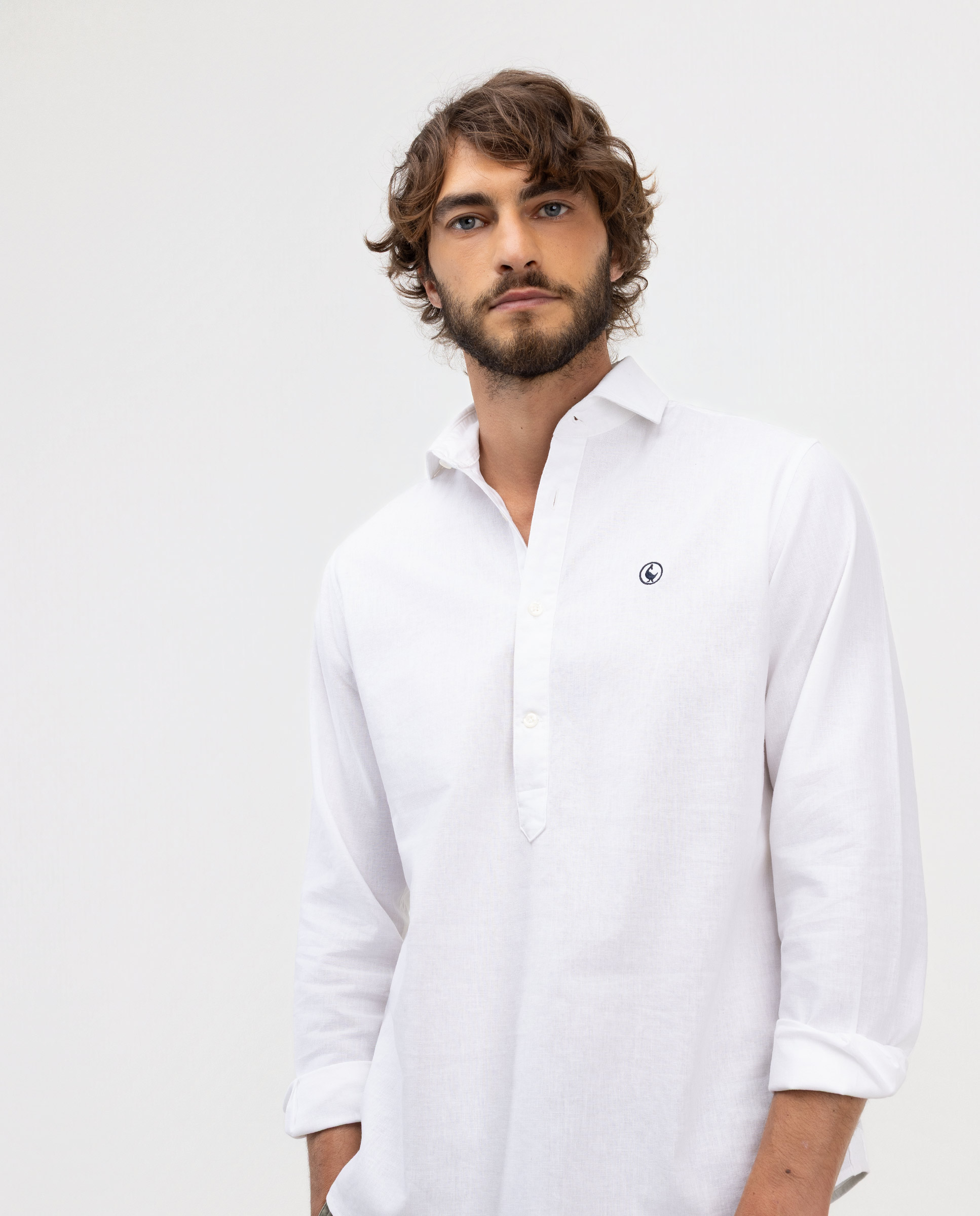 White Cotton Linen Polo Shirt with Italian Collar