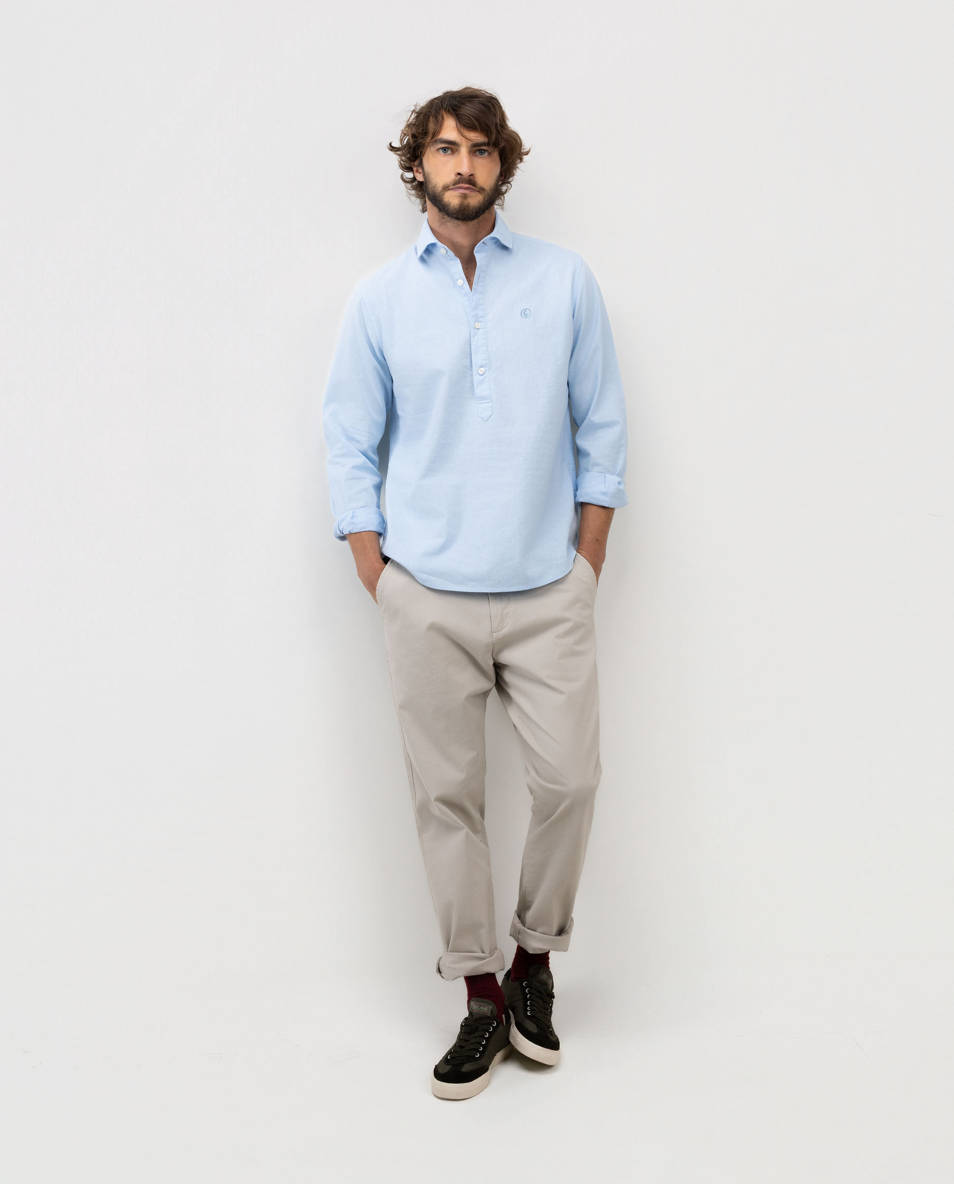 Light Blue Cotton Linen Polo Shirt with Italian Collar