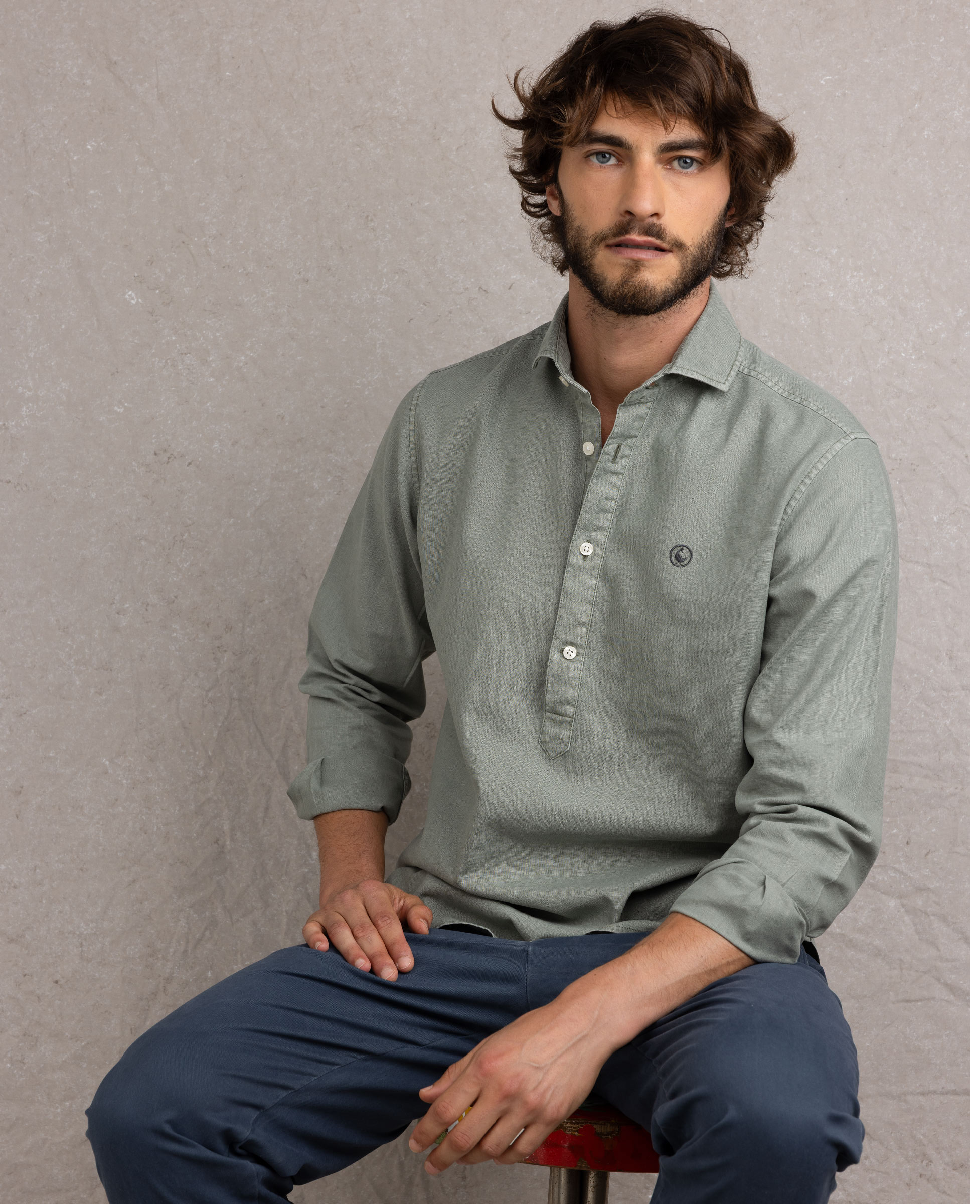 Green Cotton Linen Polo Shirt with Italian Collar