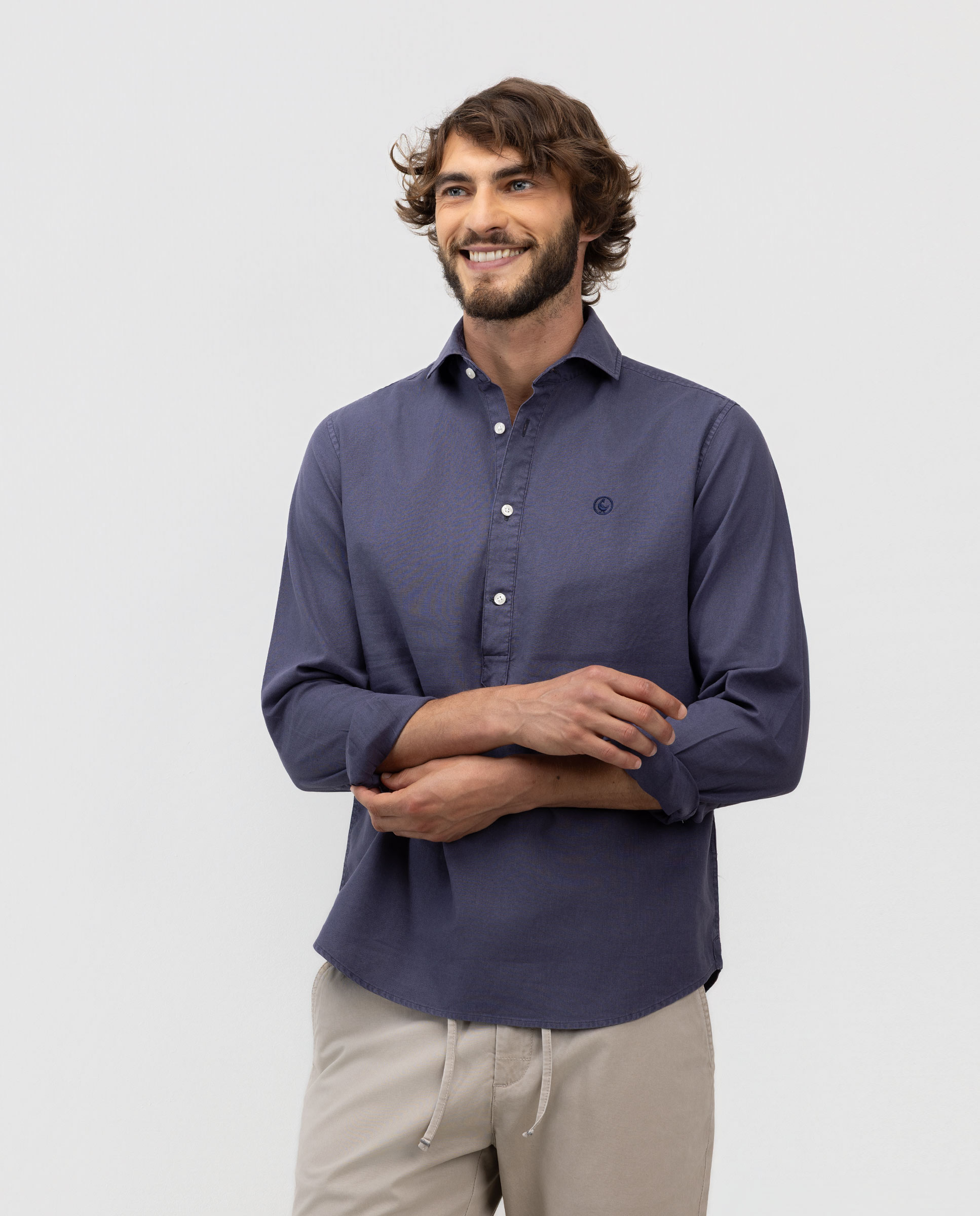 Navy Cotton Linen Polo Shirt with Italian Collar