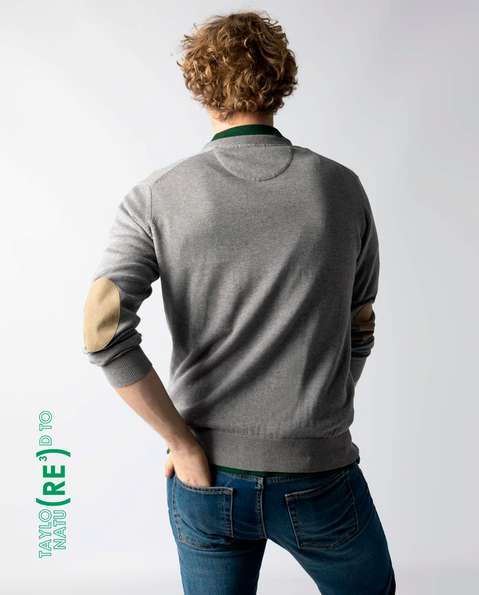 Grey Melange V-Neck Jumper W/ Elbow Patches