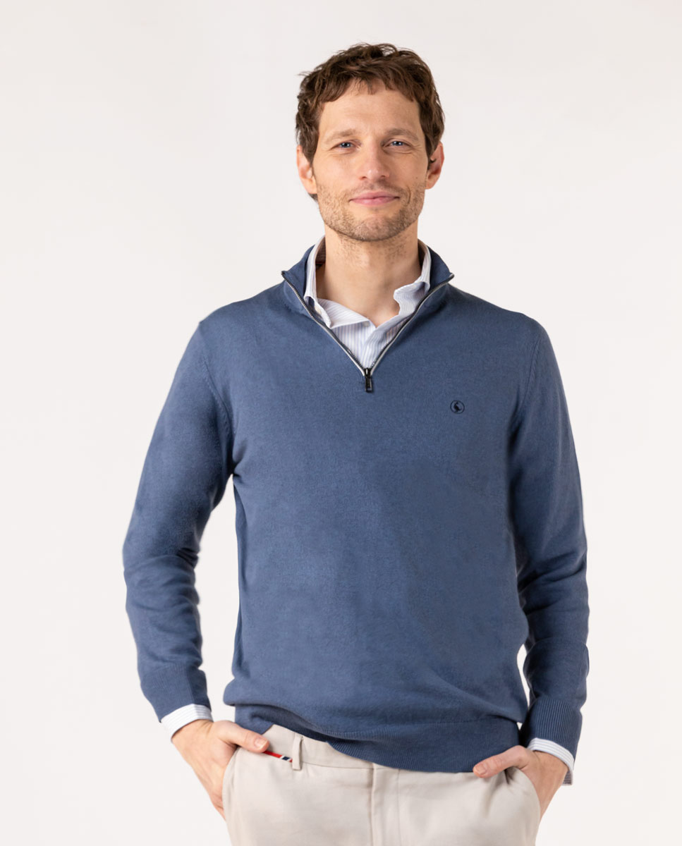 Petrol Blue Jumper W Zip Collar