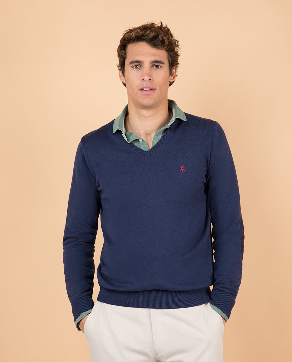Navy V-Neck Jumper W Elbow Patches  
