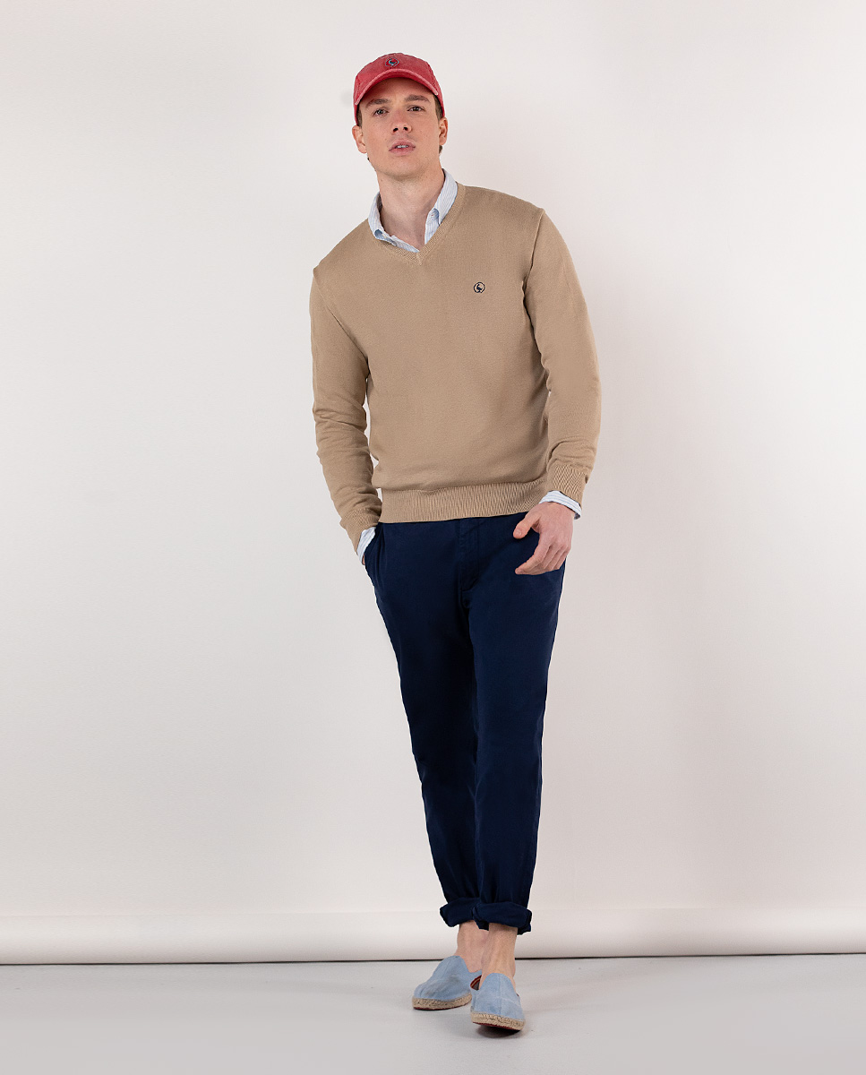 Beige Garment Dyed Jumper W V-neck