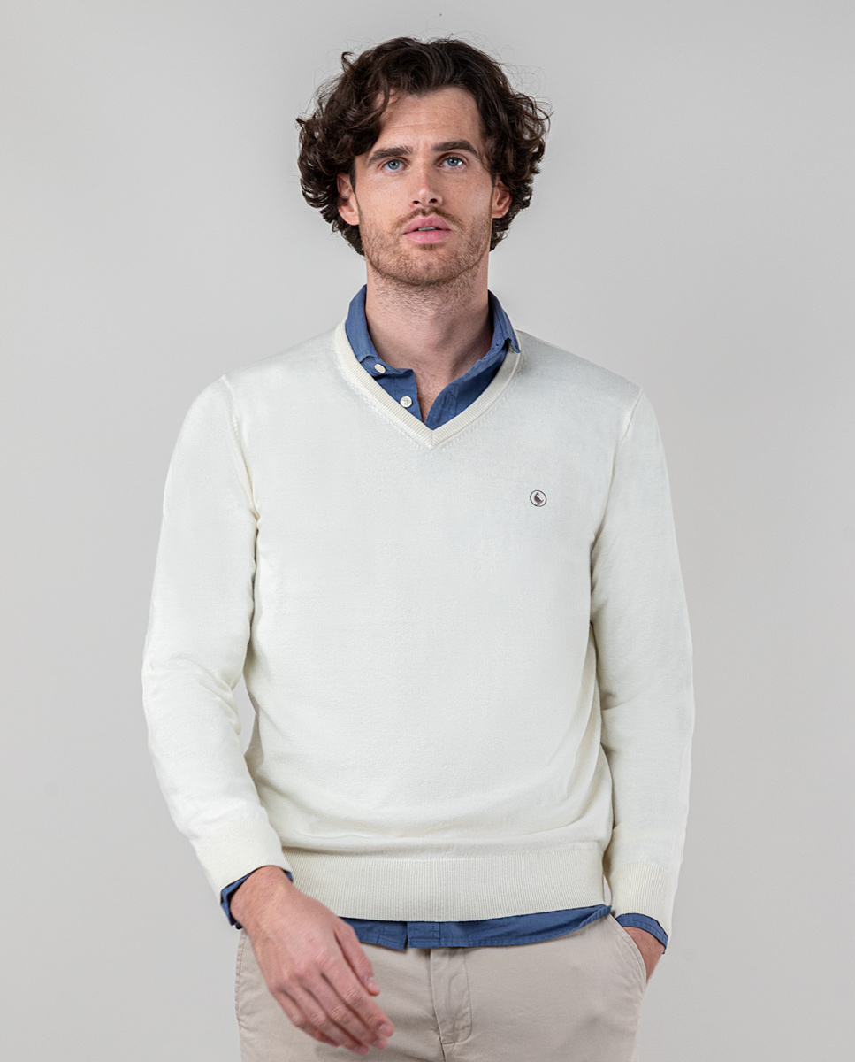 Ecru V-Neck Jumper W Elbow Patches