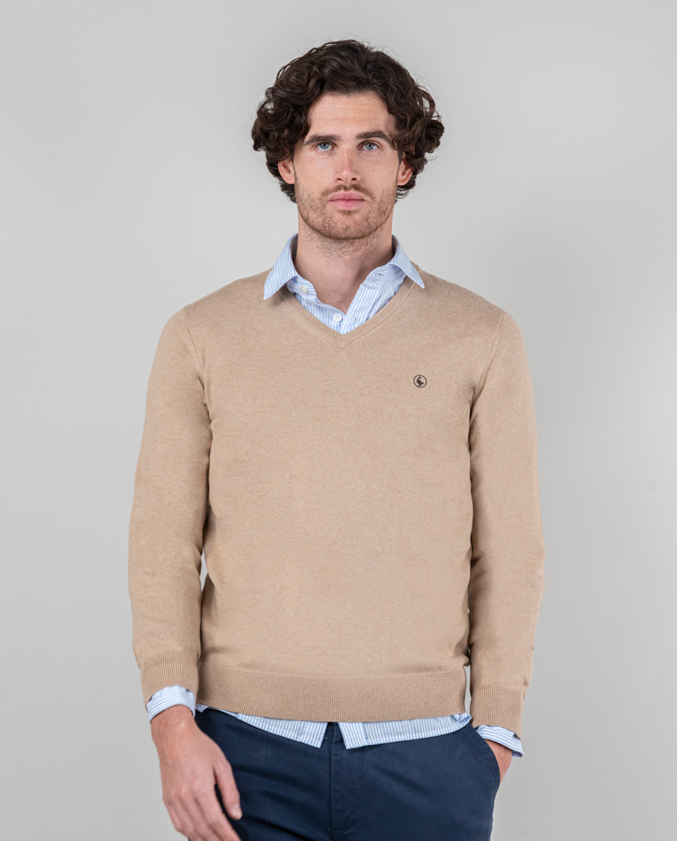 Beige V-Neck Jumper W Elbow Patches