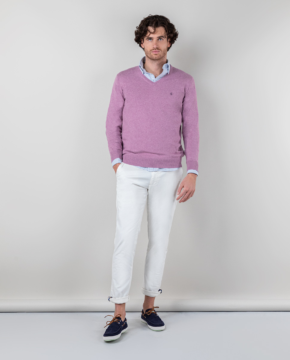 Raspberry V-Neck Jumper W Elbow Patches