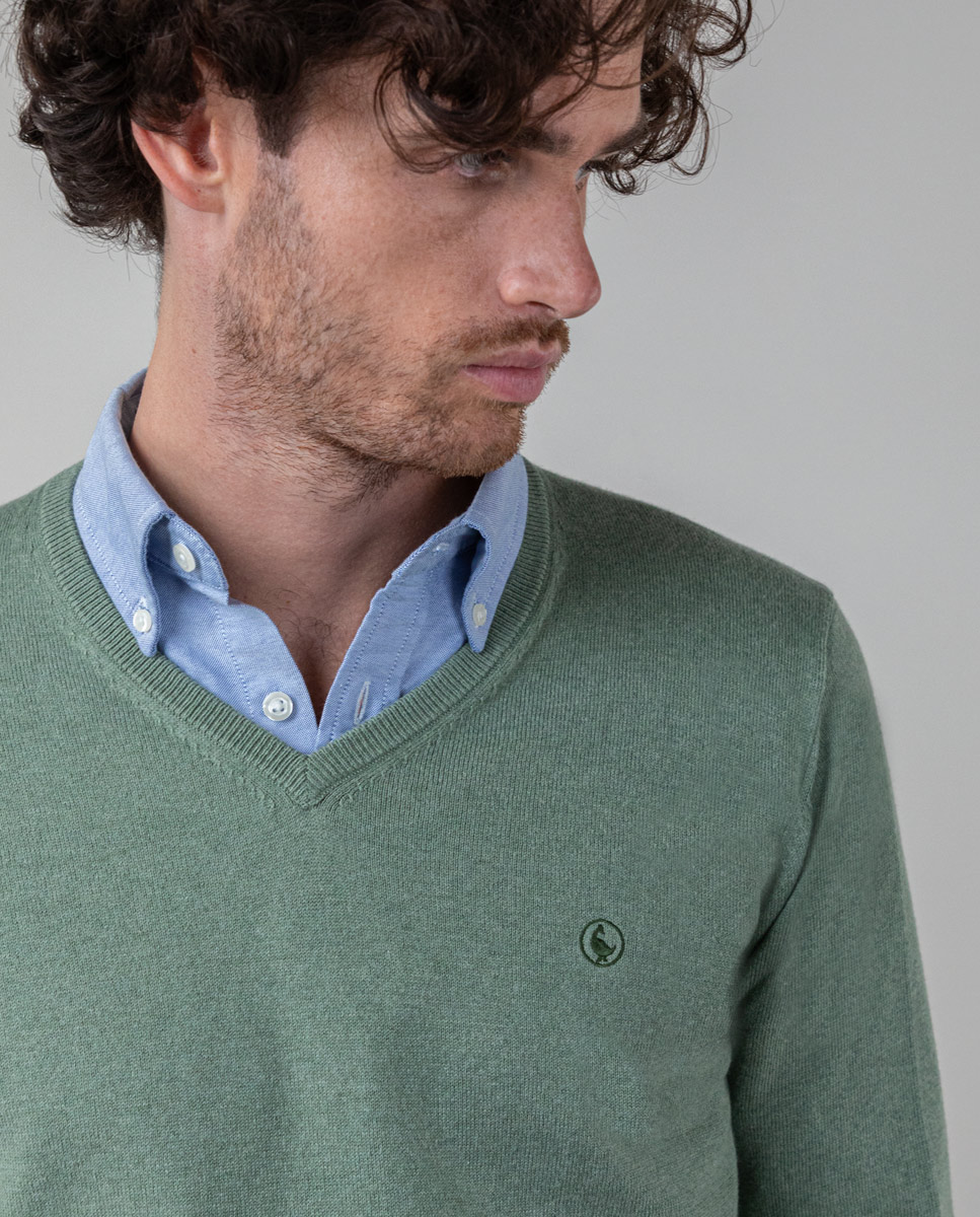 Green V-Neck Jumper W Elbow Patches