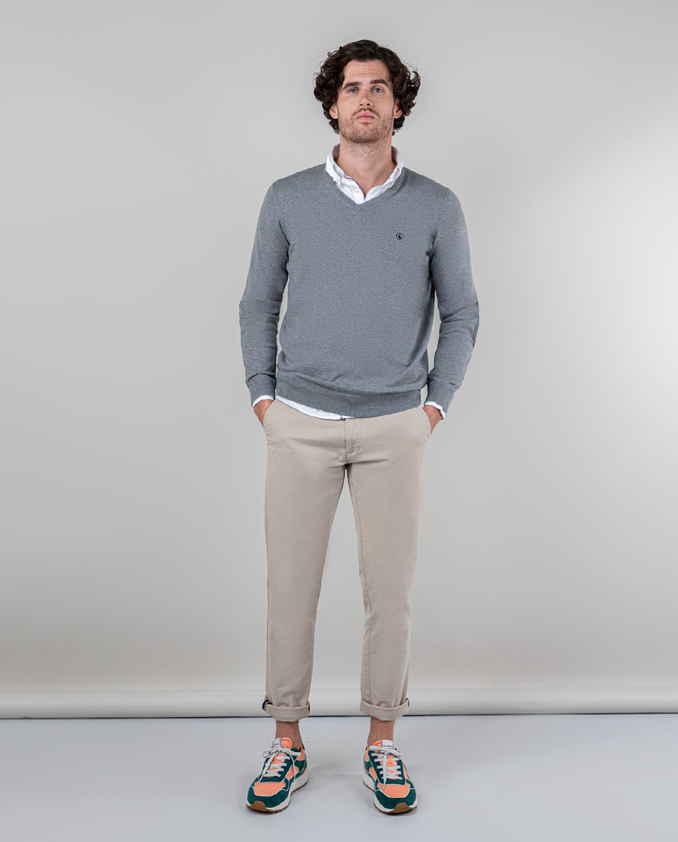 Grey V-Neck Jumper W Elbow Patches