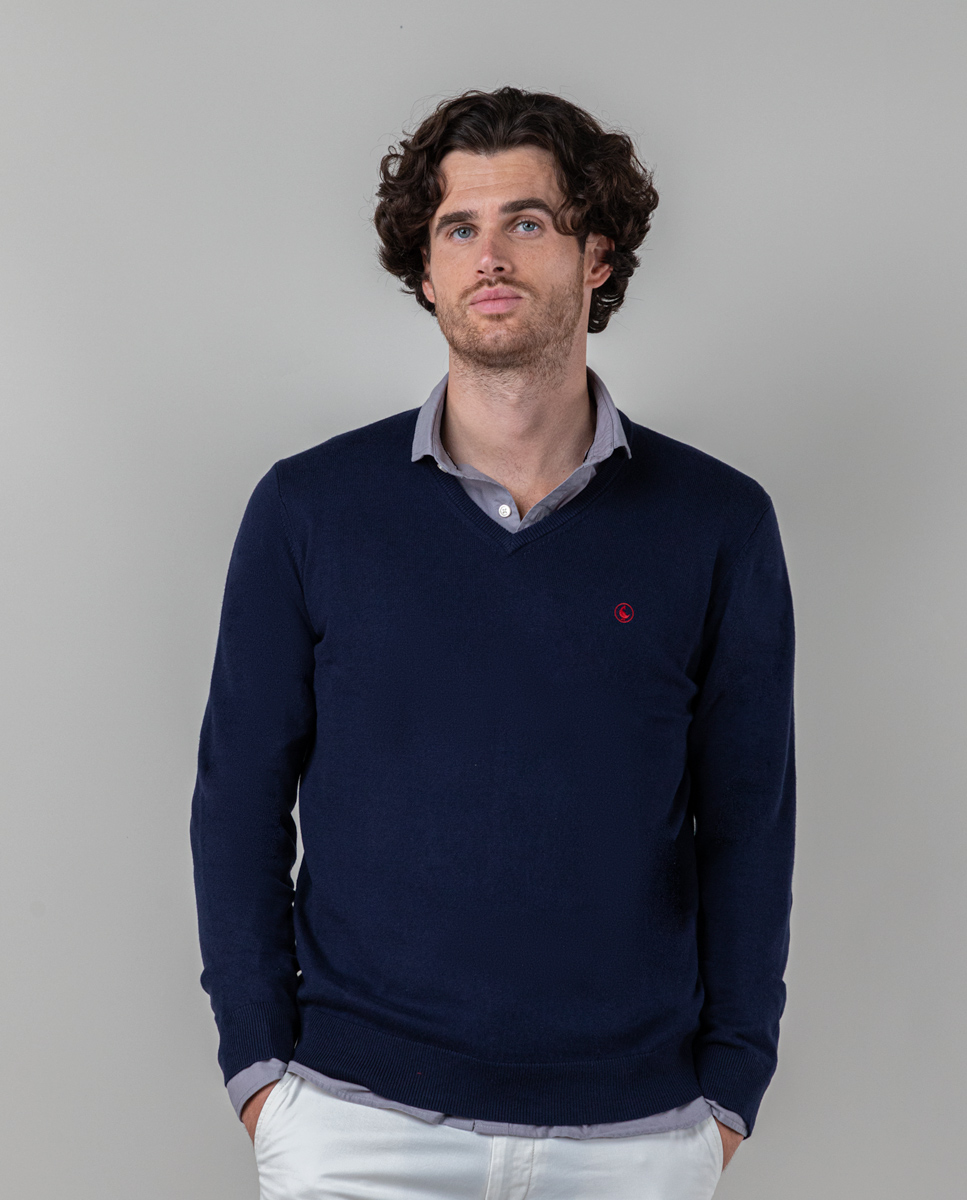 Navy V-Neck Jumper W Elbow Patches