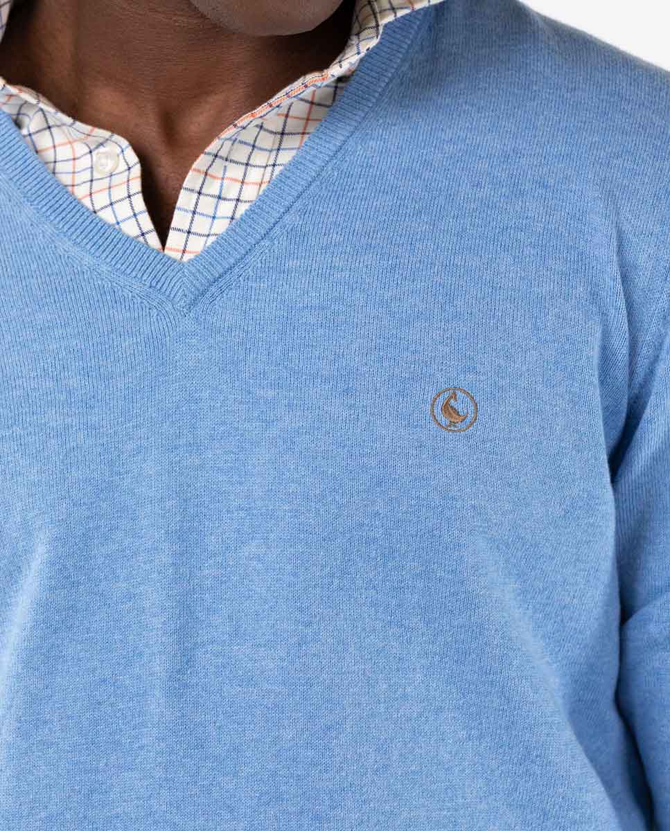 Light Blue V-Neck Jumper with Elbow Patches