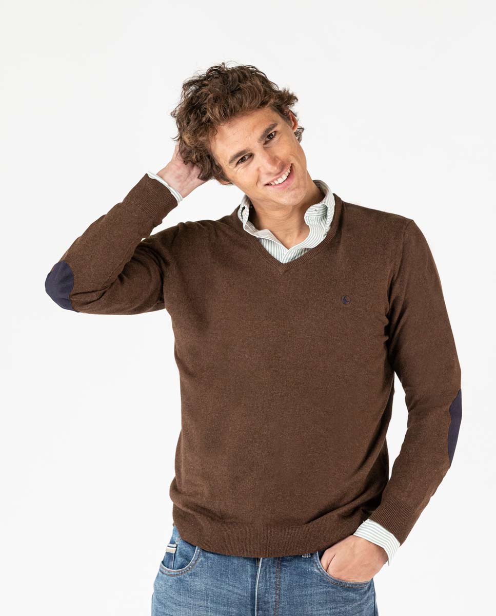Brown V-Neck Jumper with Elbow Patches