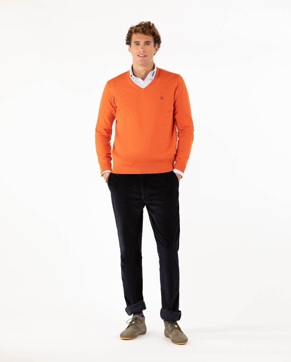 Orange V-Neck Jumper with Elbow Patches