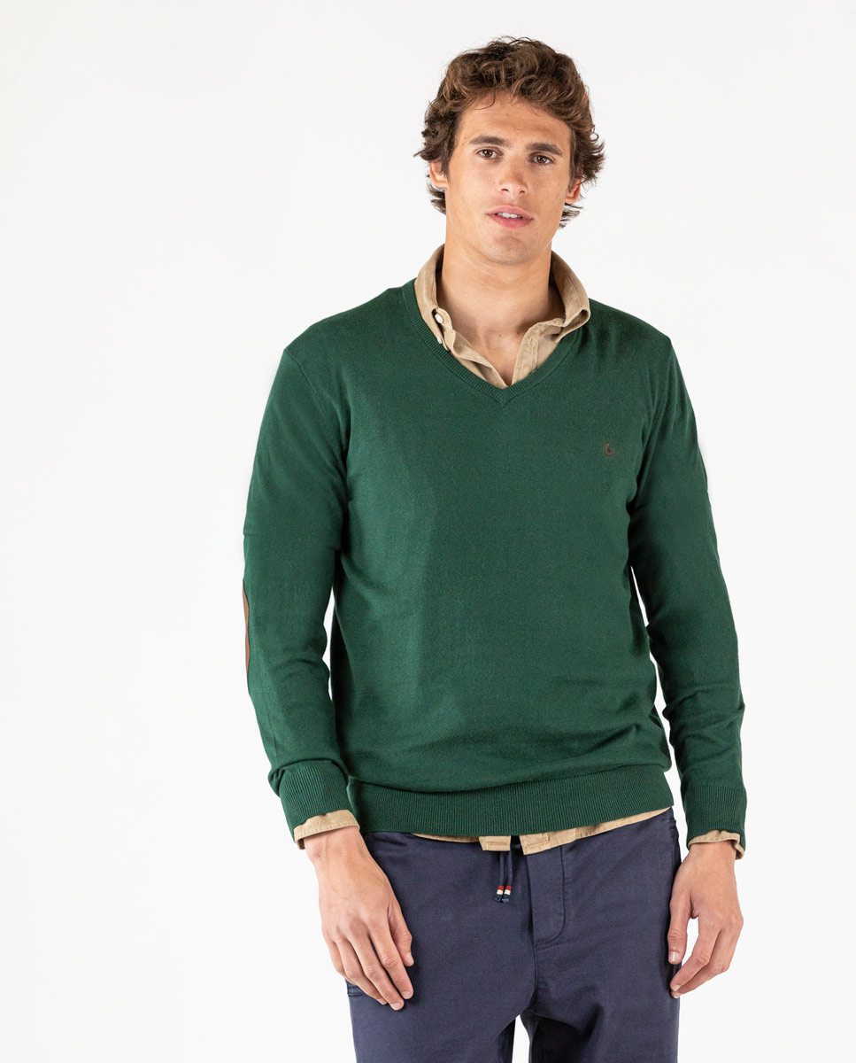 Bottle Green V-Neck Jumper with Elbow Patches