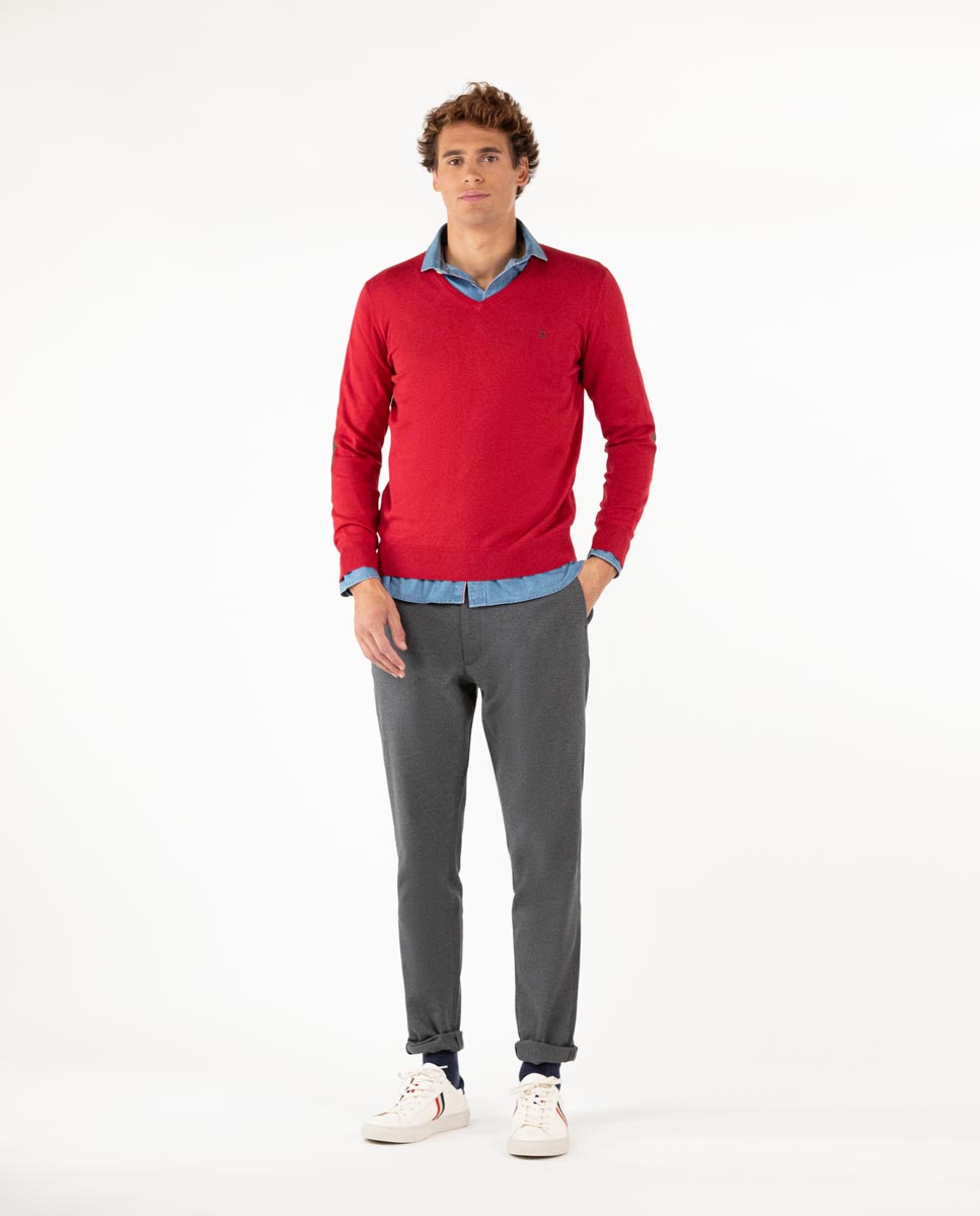 Burgundy V-Neck Jumper with Elbow Patches