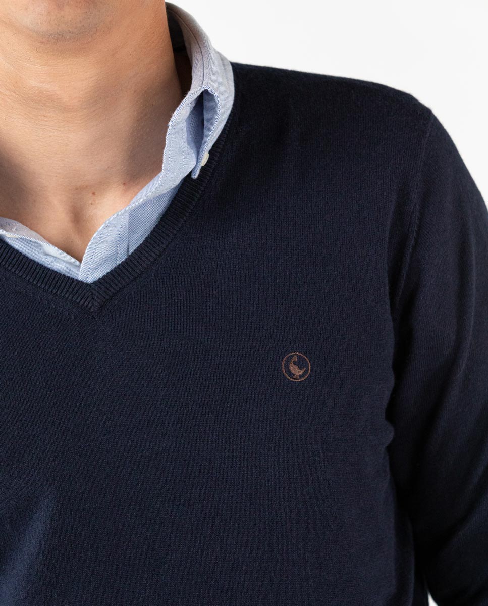 Navy V-Neck Jumper with Elbow Patches
