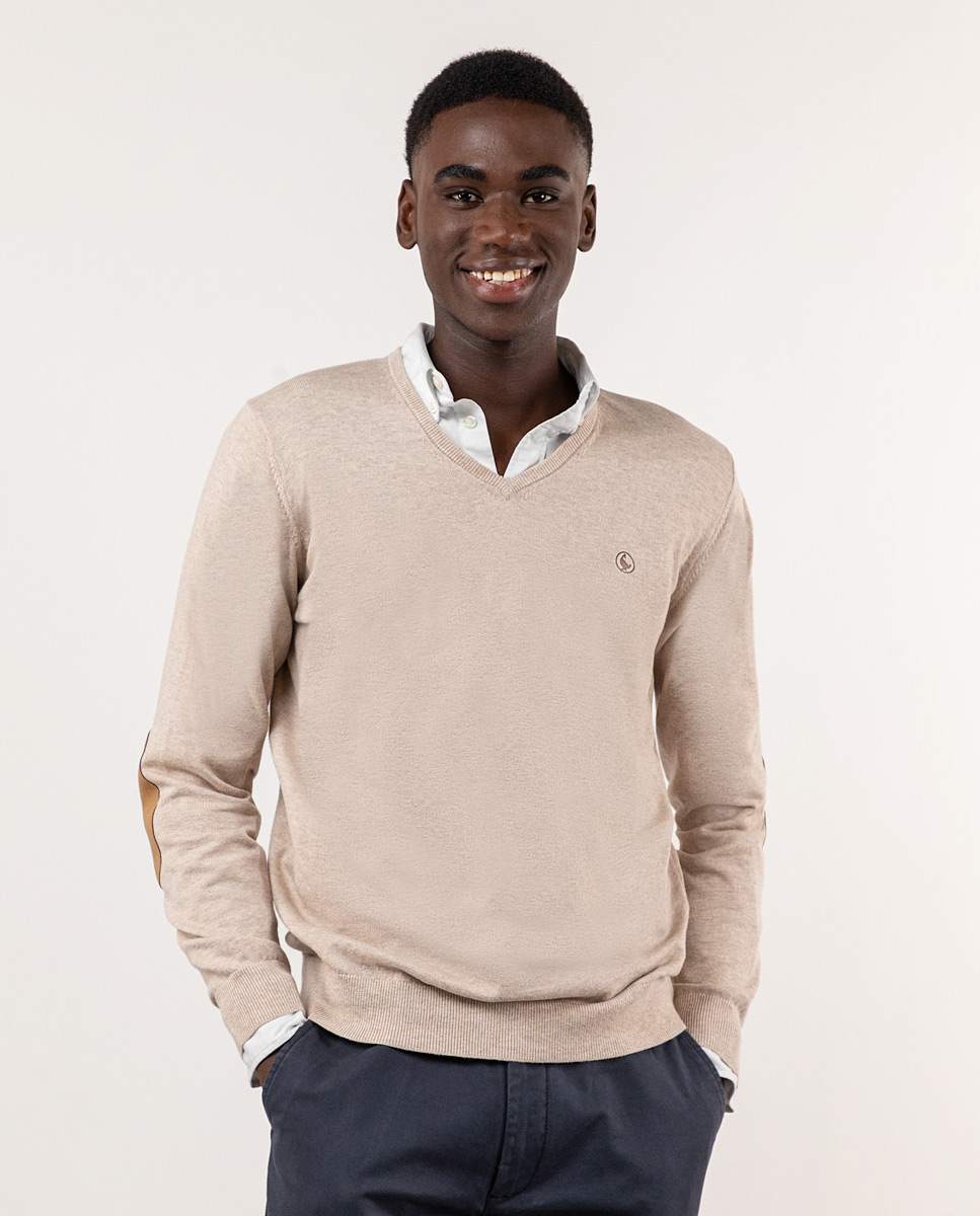 Beige V-Neck Jumper W Elbow Patches