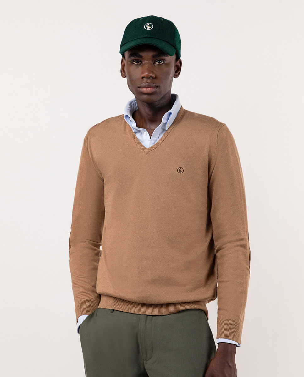 Camel V-Neck Jumper W Elbow Patches
