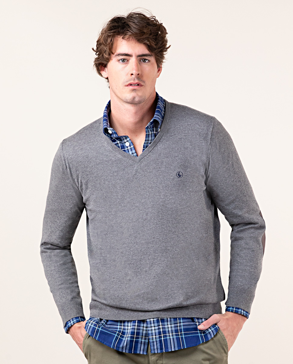 Jersey Cuello Pico Coderas Gris Melange