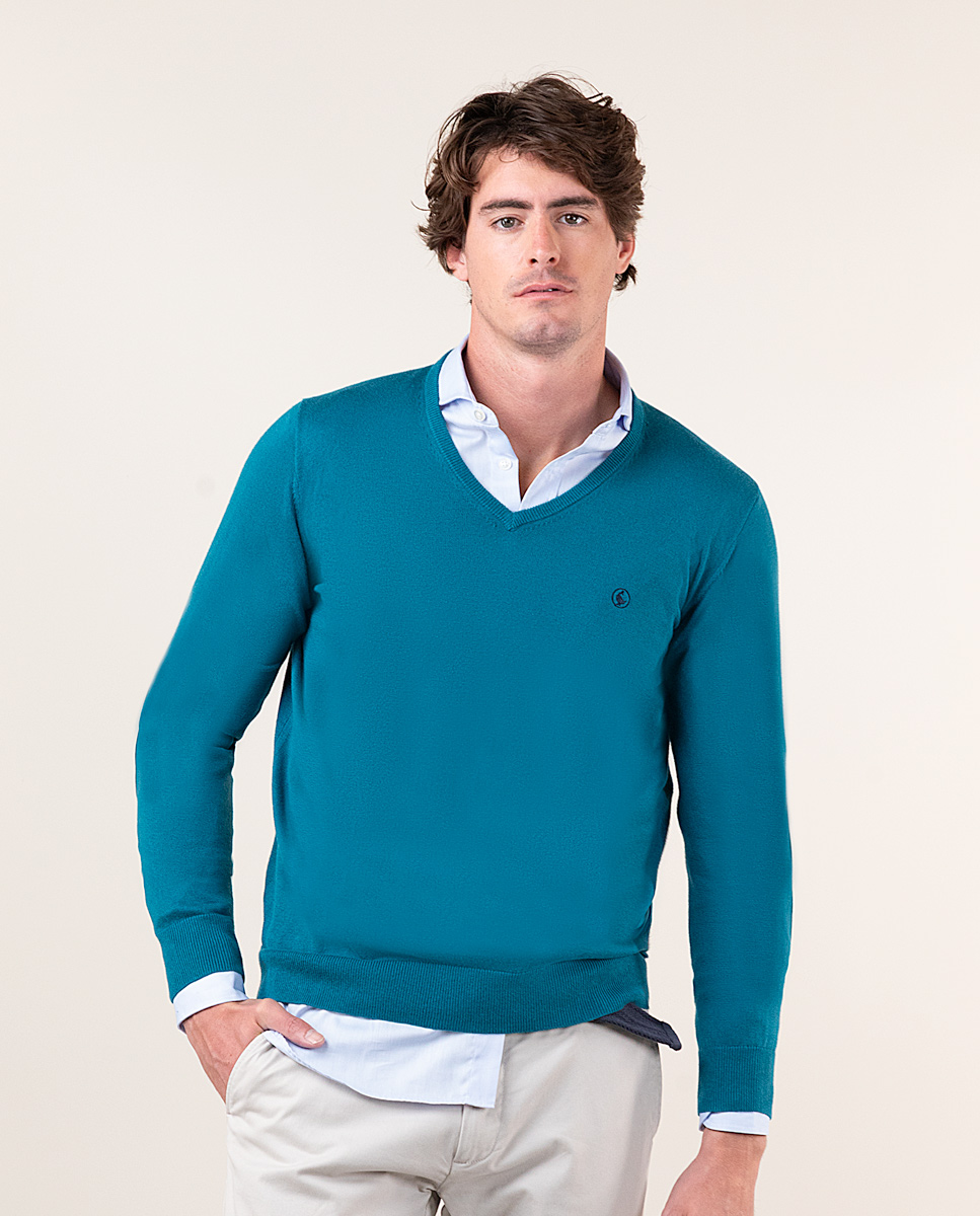 Teal V-Neck Jumper W Elbow Patches