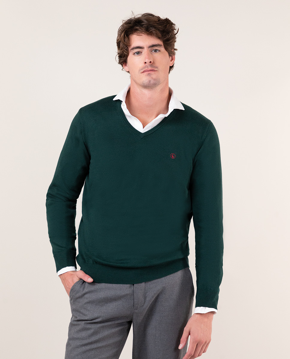 Green V-Neck Jumper W Elbow Patches