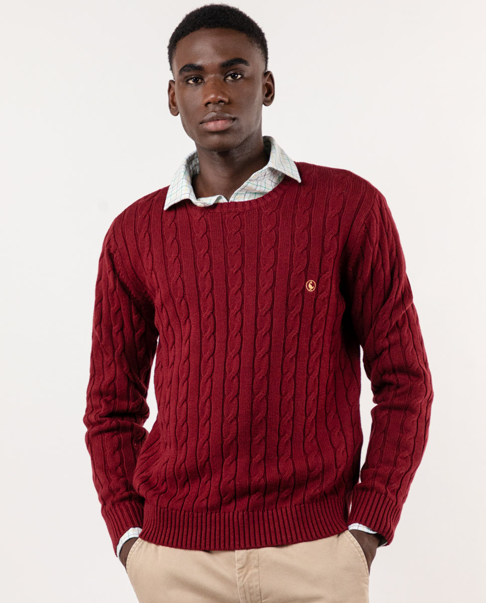 Maroon Cable Knit Jumper W Crew Neck