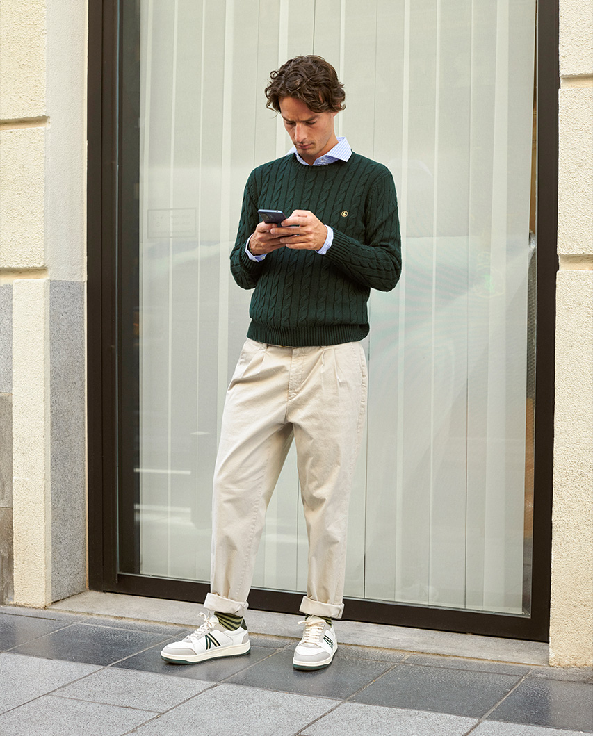 Green Cable Knit Jumper W Crew Neck