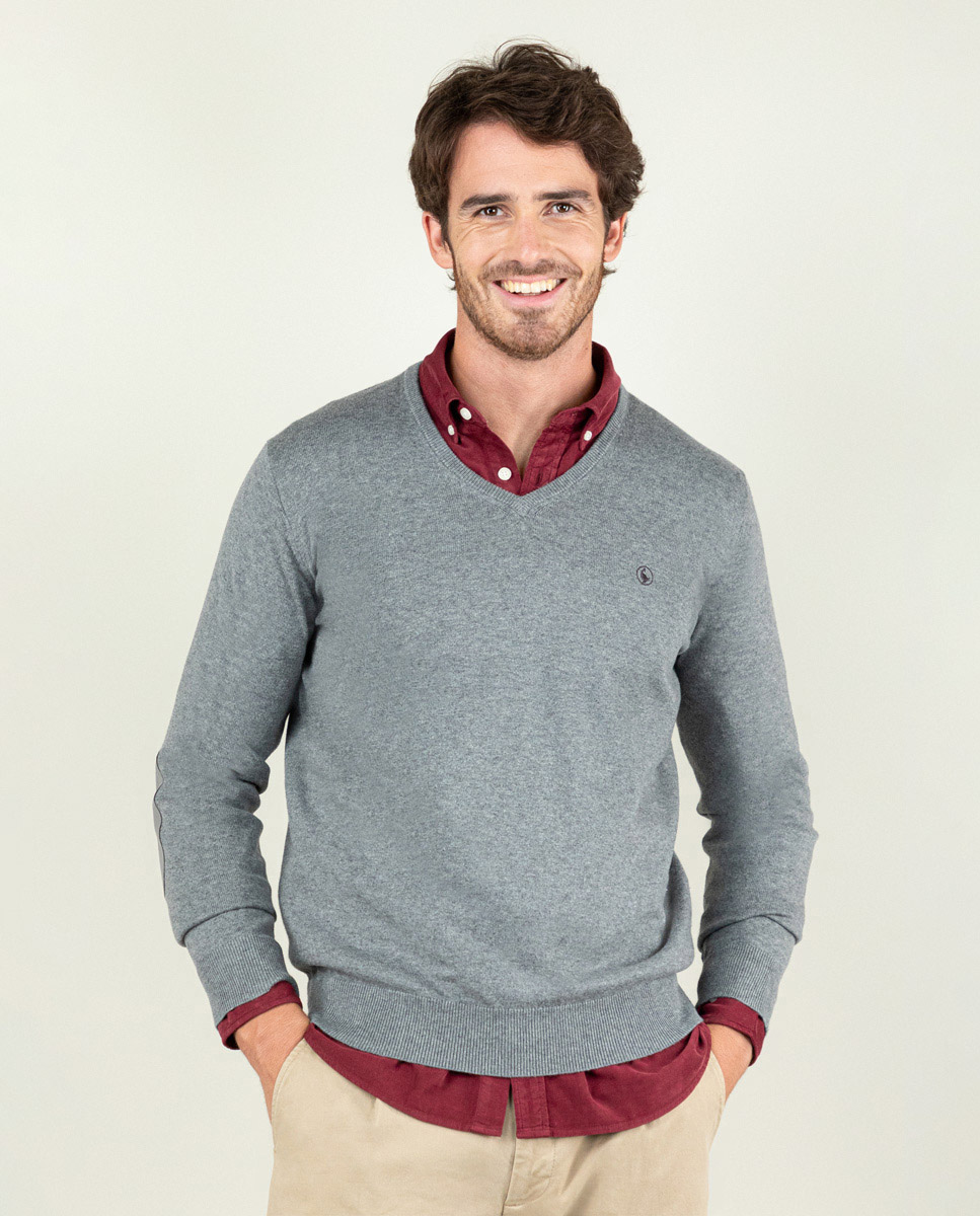 Jersey Cuello Pico Coderas Gris Claro