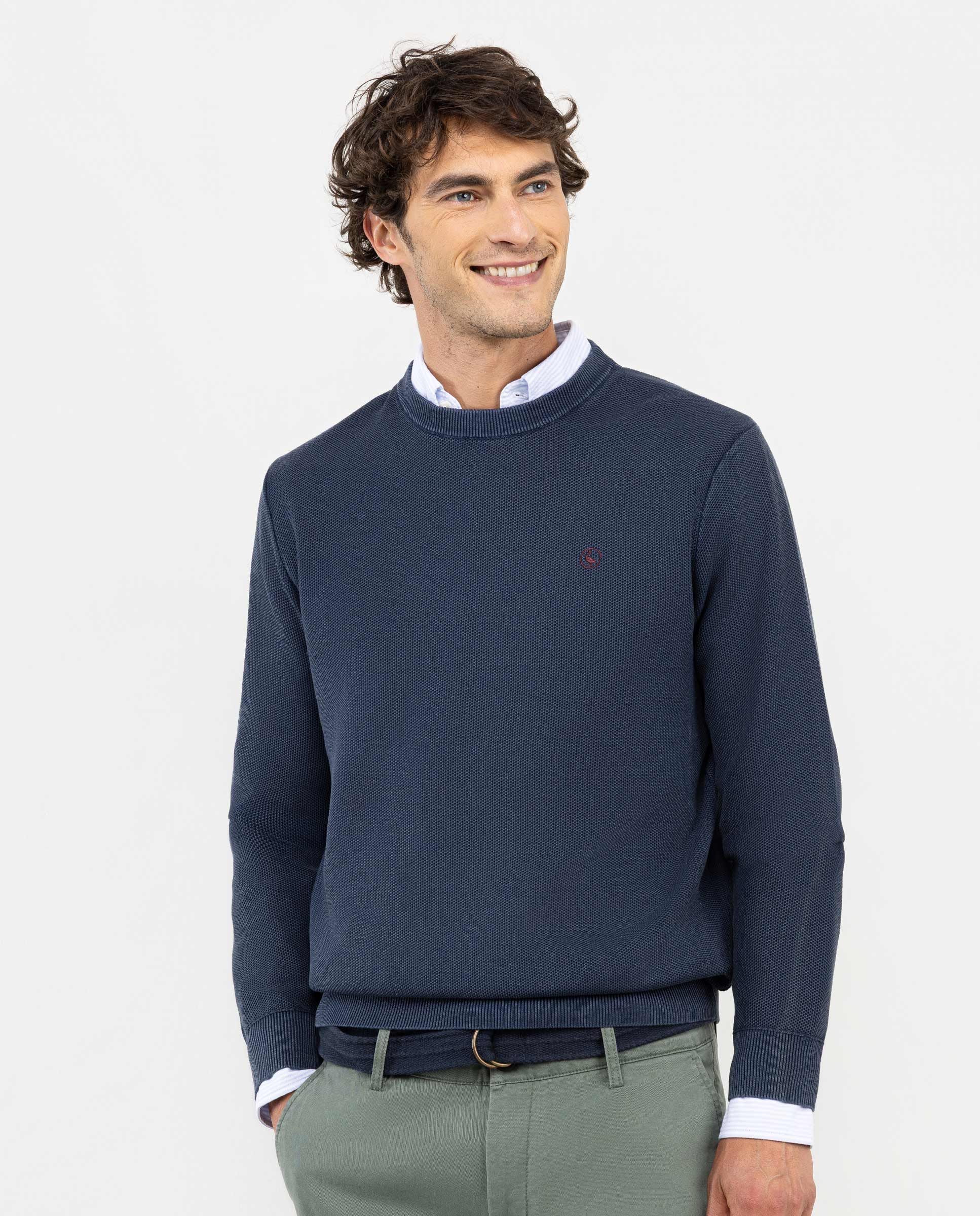 Navy Textured Garment Dyed Jumper