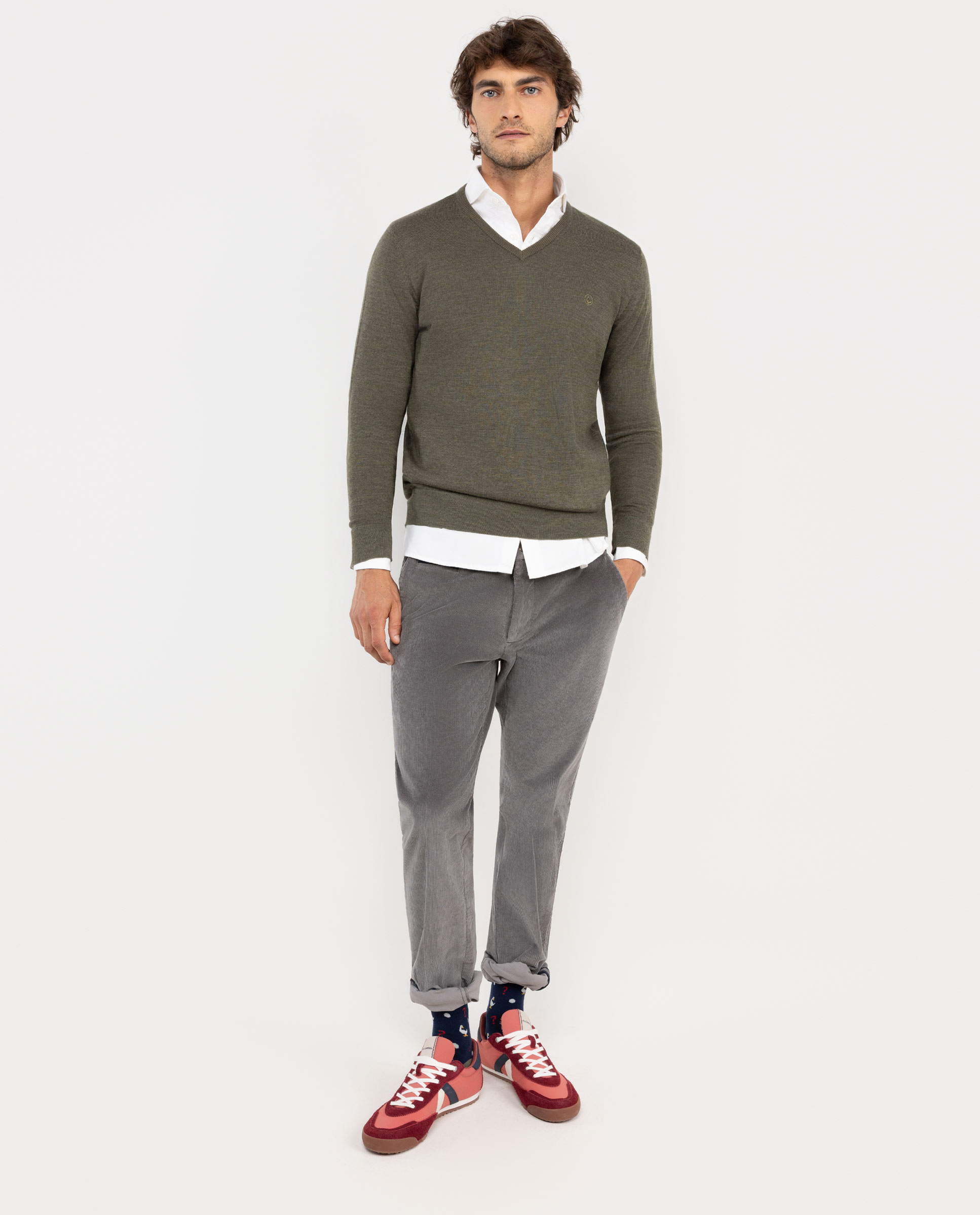 Green Merino Jumper W V-neck