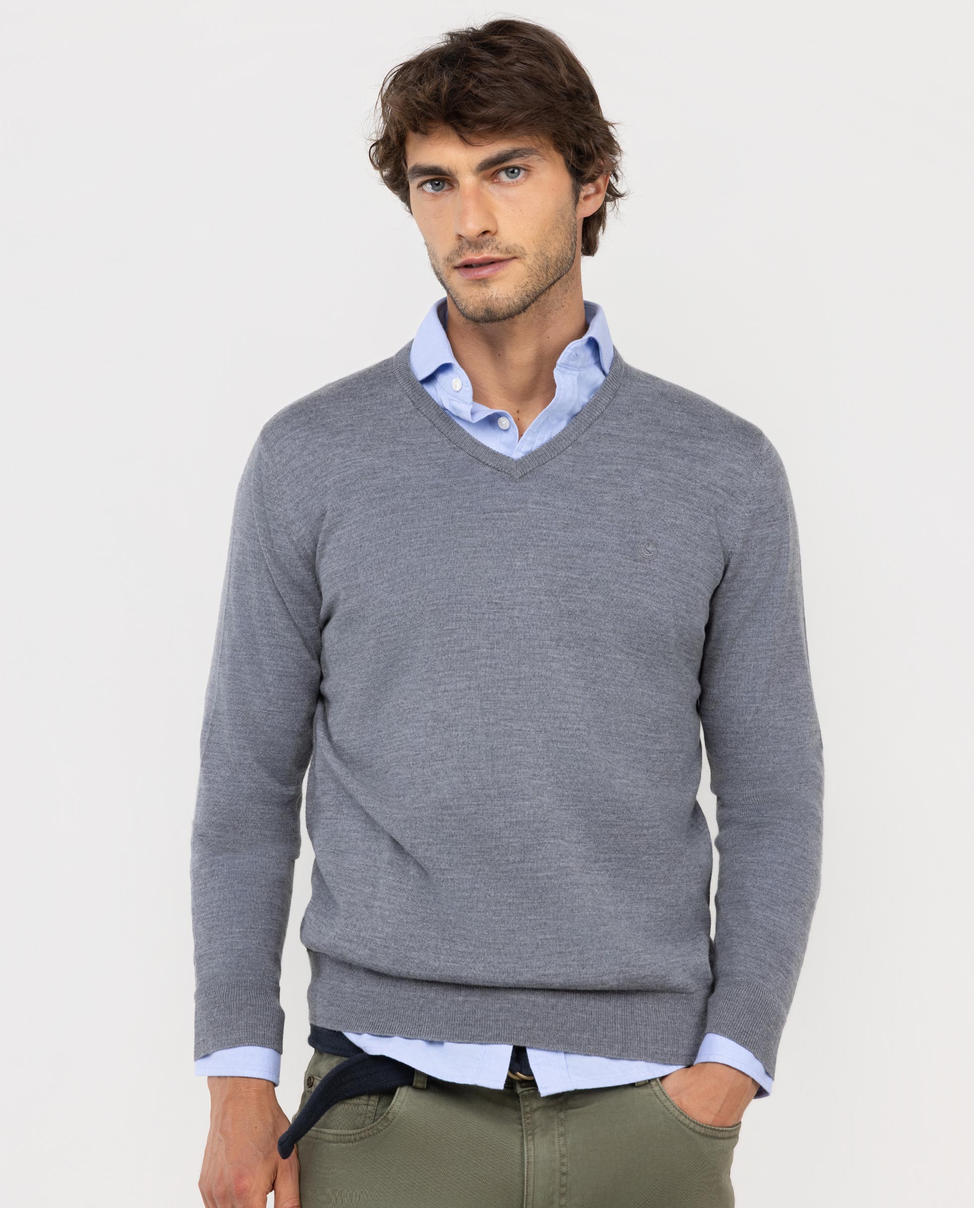 Grey Merino Jumper W V-neck