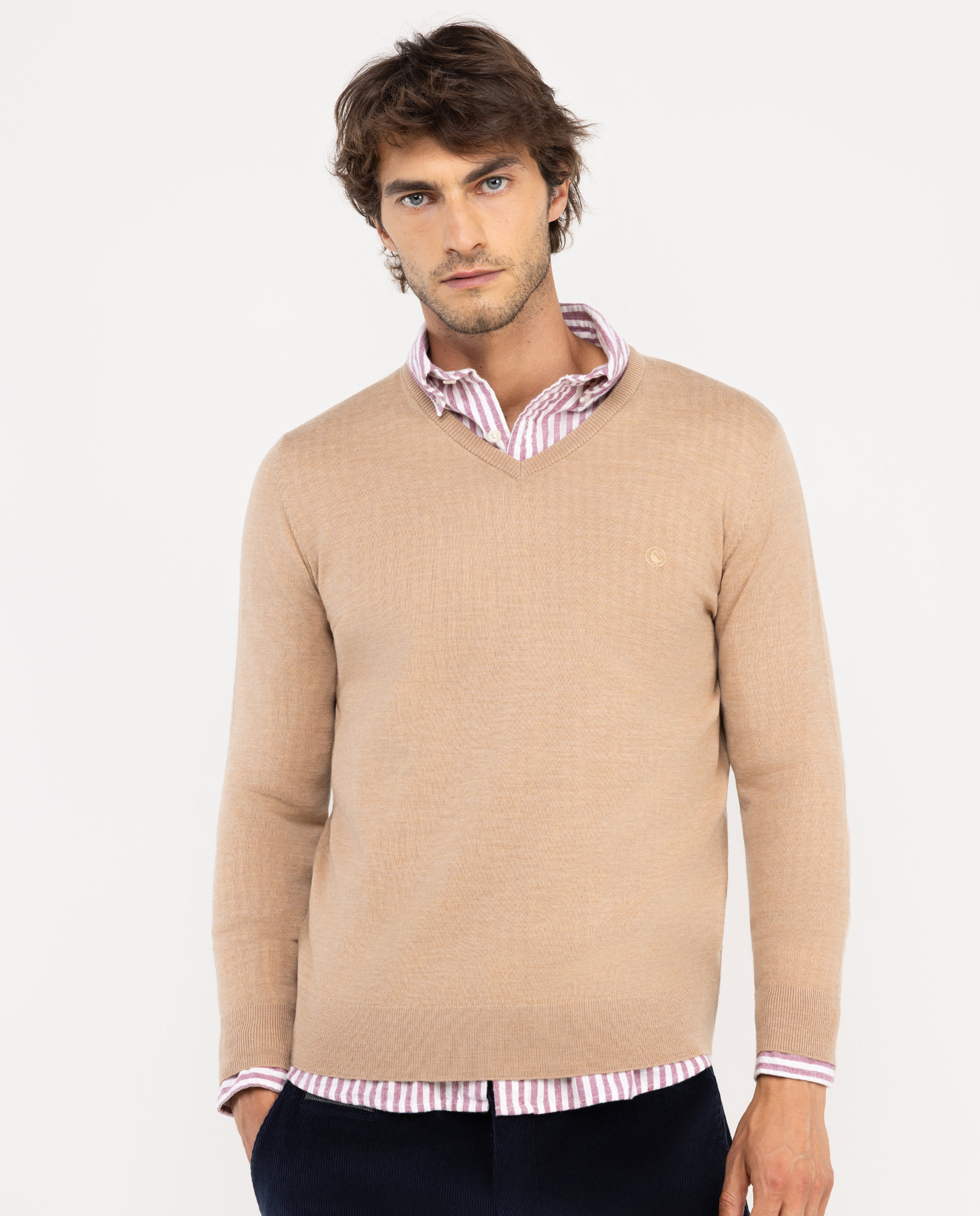 Jersey Cuello Pico Merino Beige
