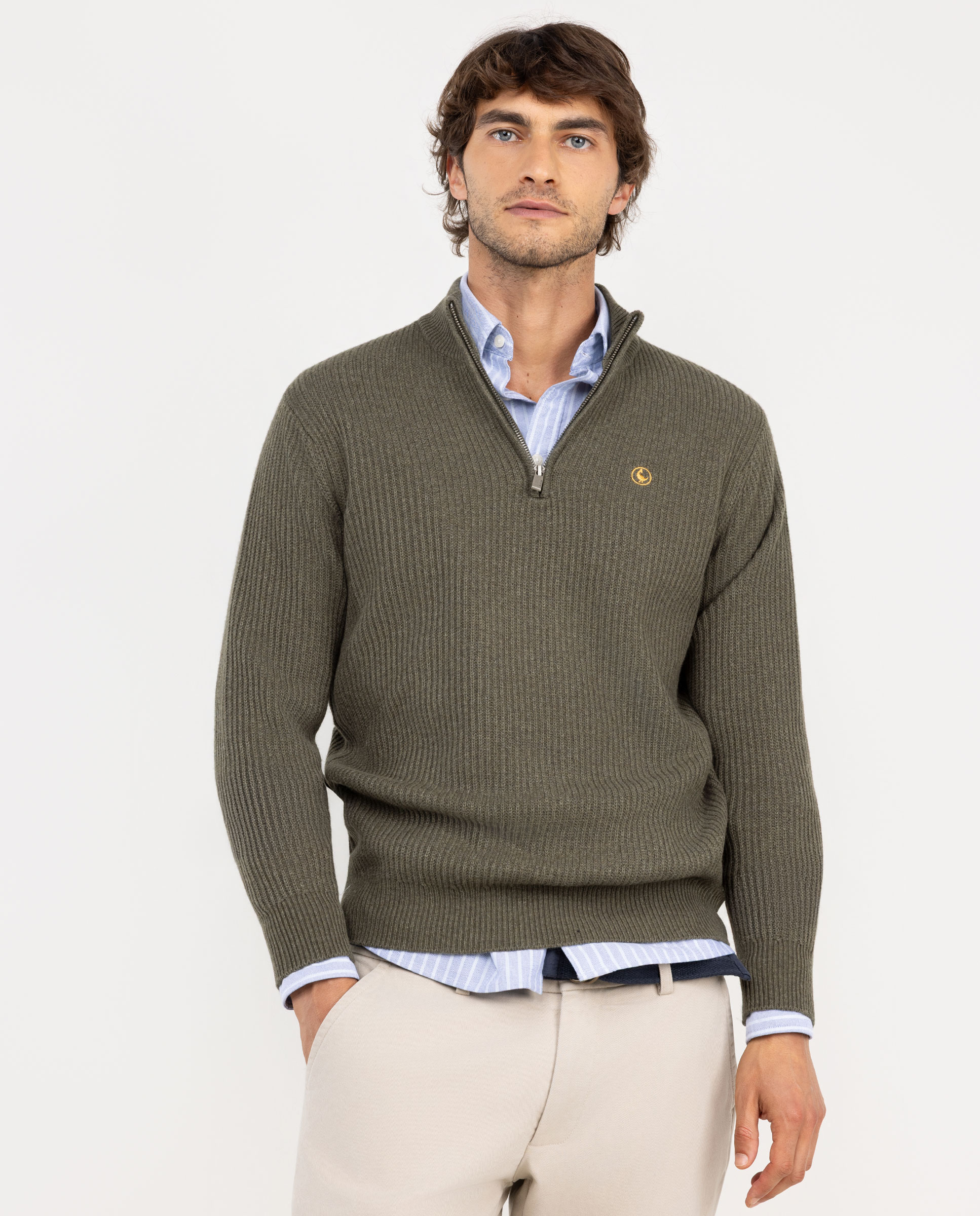 Green Wool Jumper W Stand-Up Collar