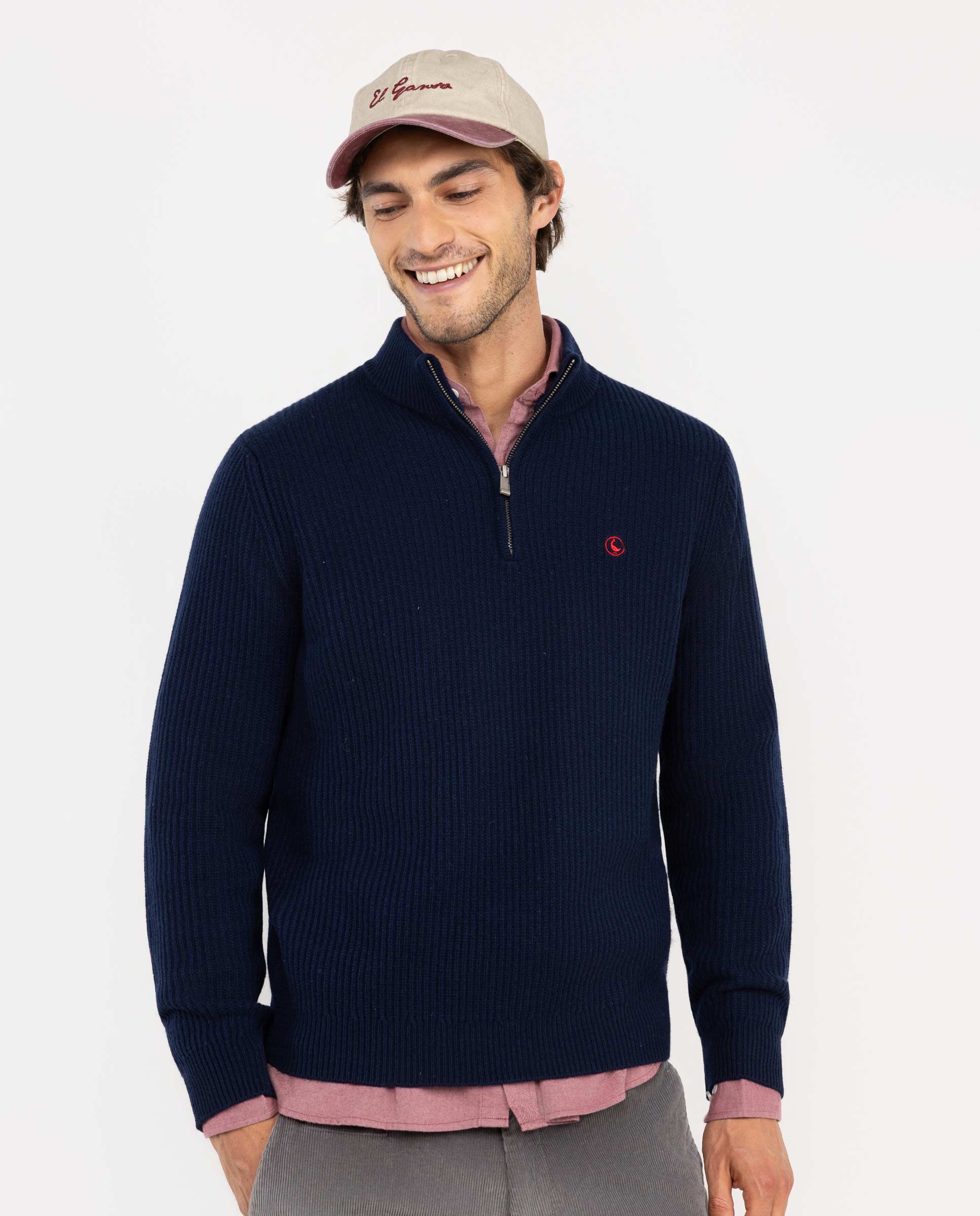 Navy Wool Jumper W Stand-Up Collar