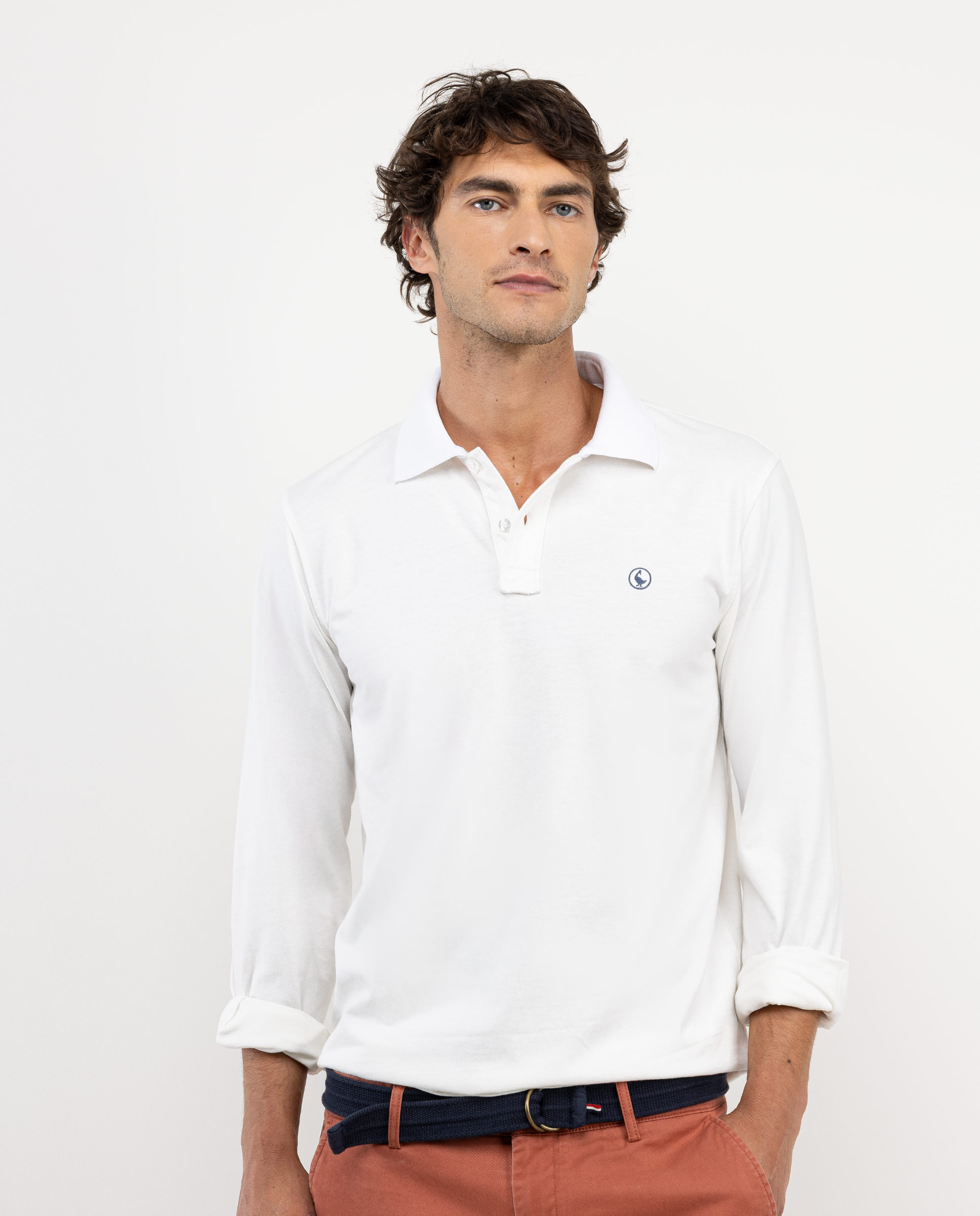 White Long-Sleeved Knit Polo Shirt