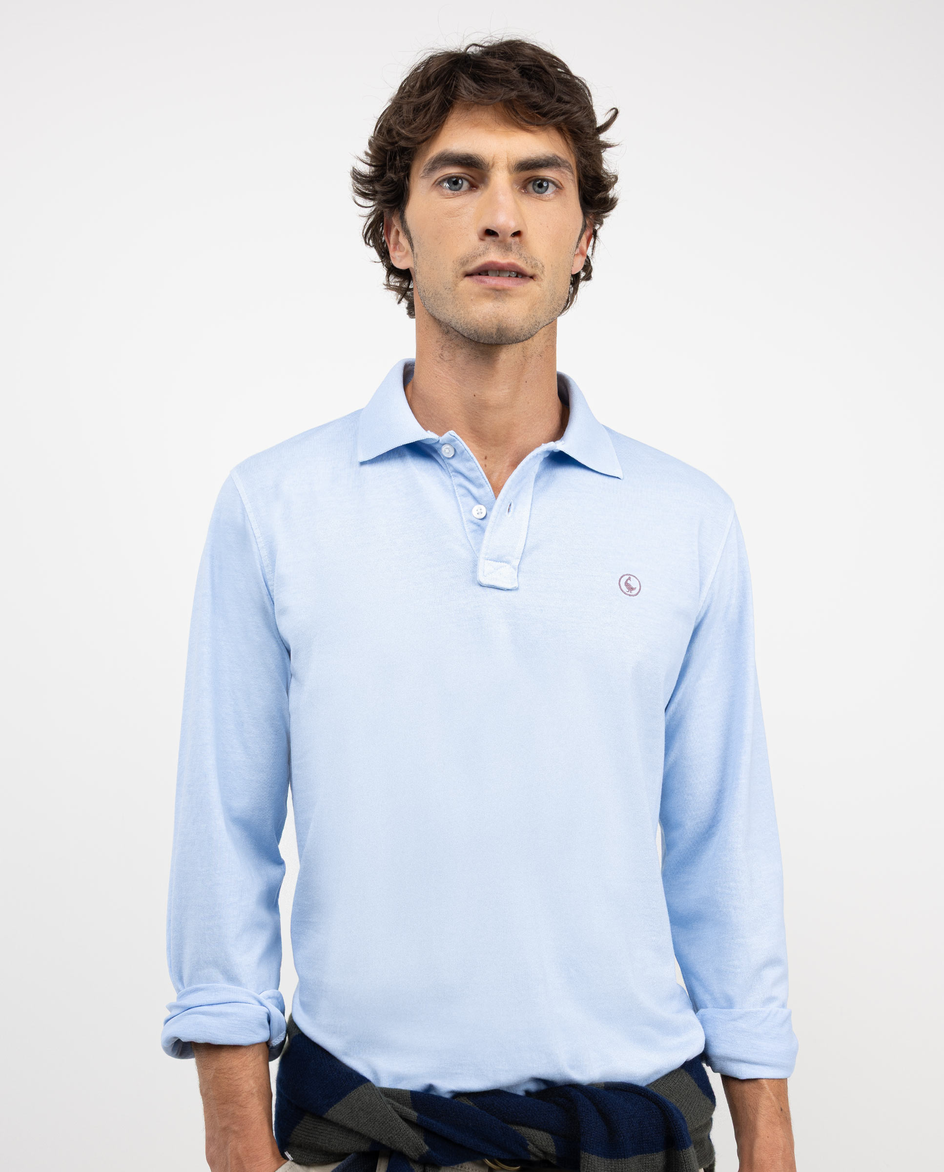 Light Blue Long-Sleeved Knit Polo Shirt