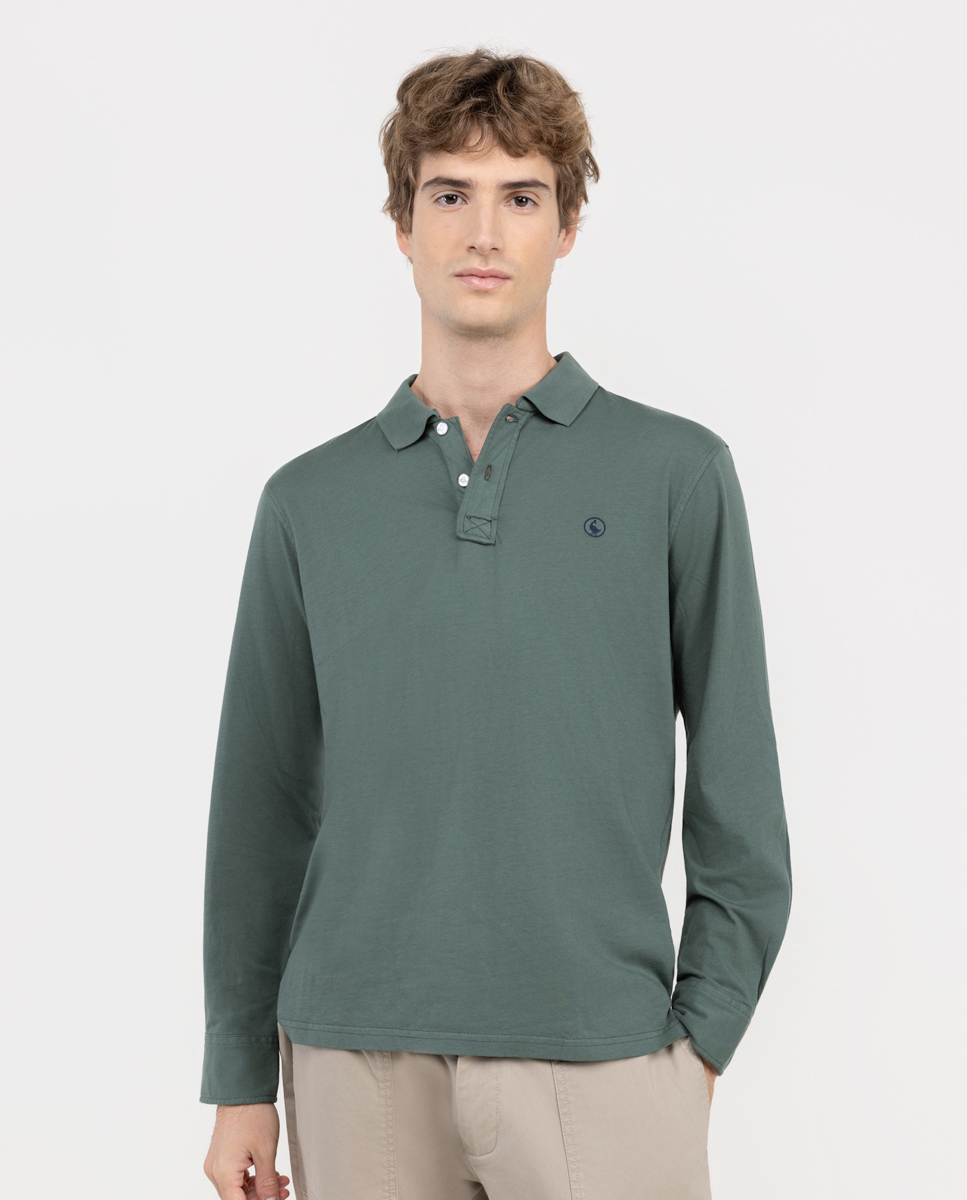 Green Long-Sleeved Knit Polo Shirt