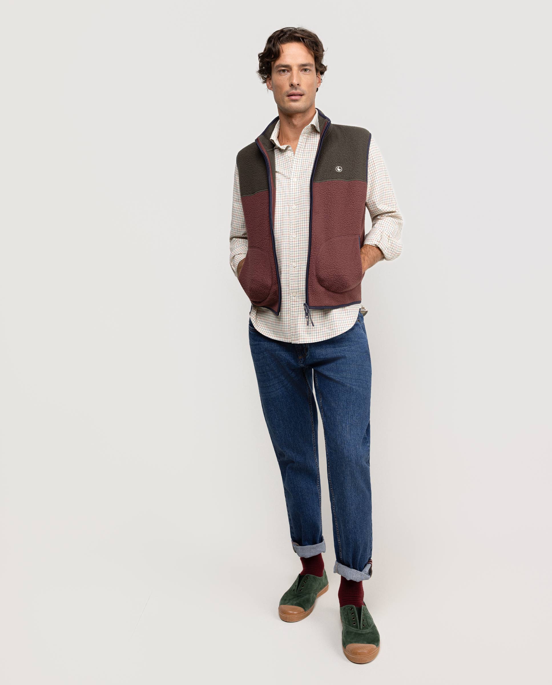 Green Burgundy Colour Block Polar Vest