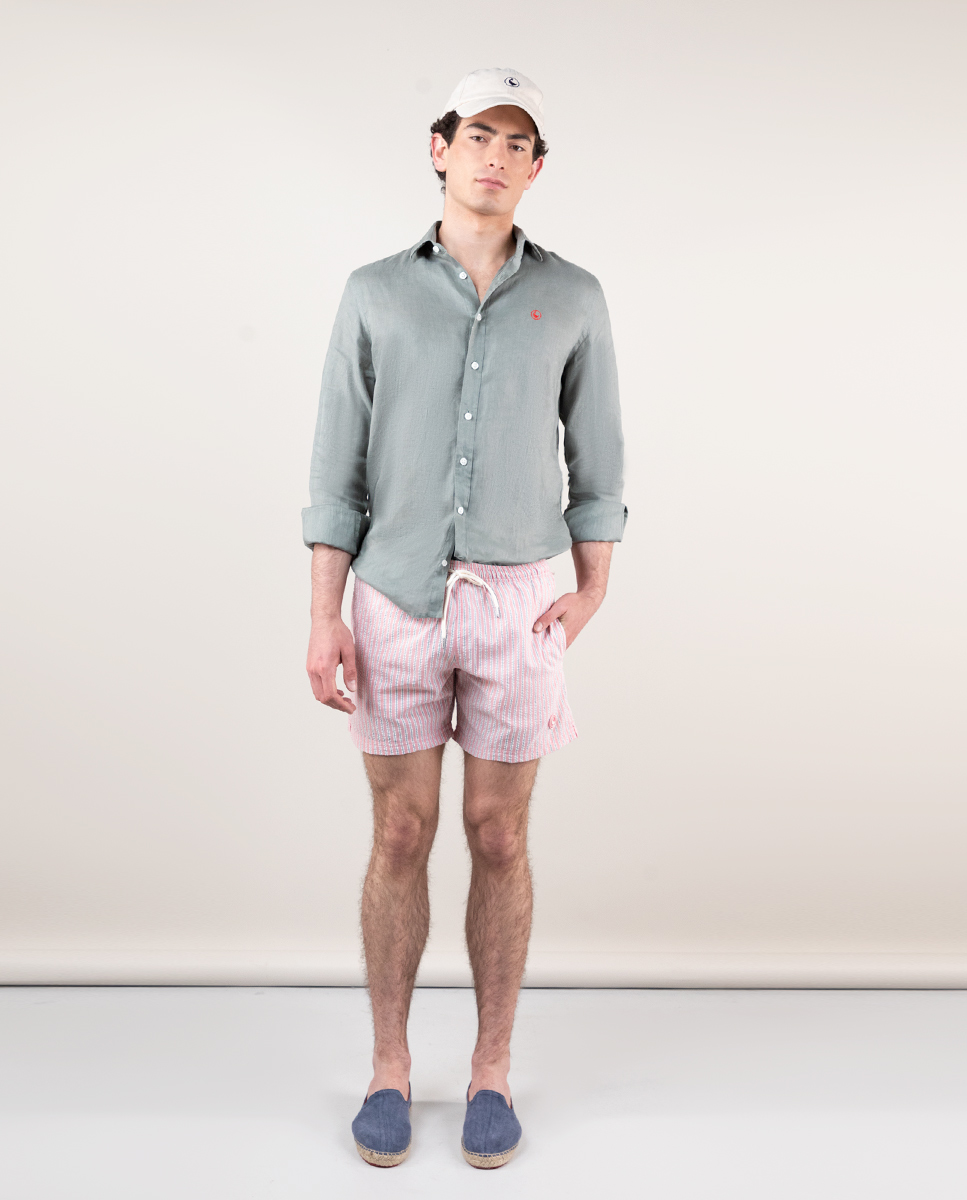 Pink Seersucker Swimsuit W Stripes