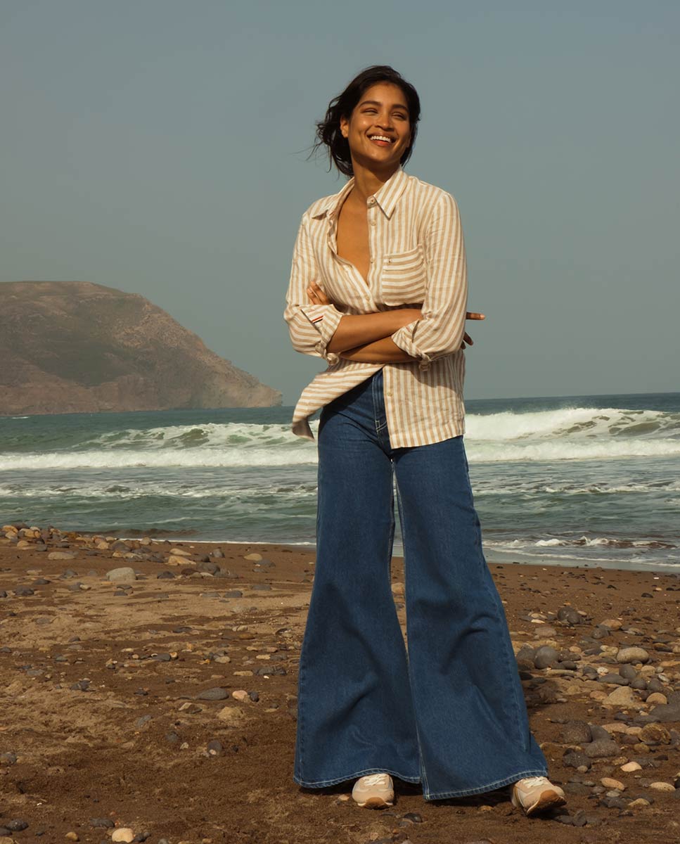 Camisa Lino Rayas Crudo Arena