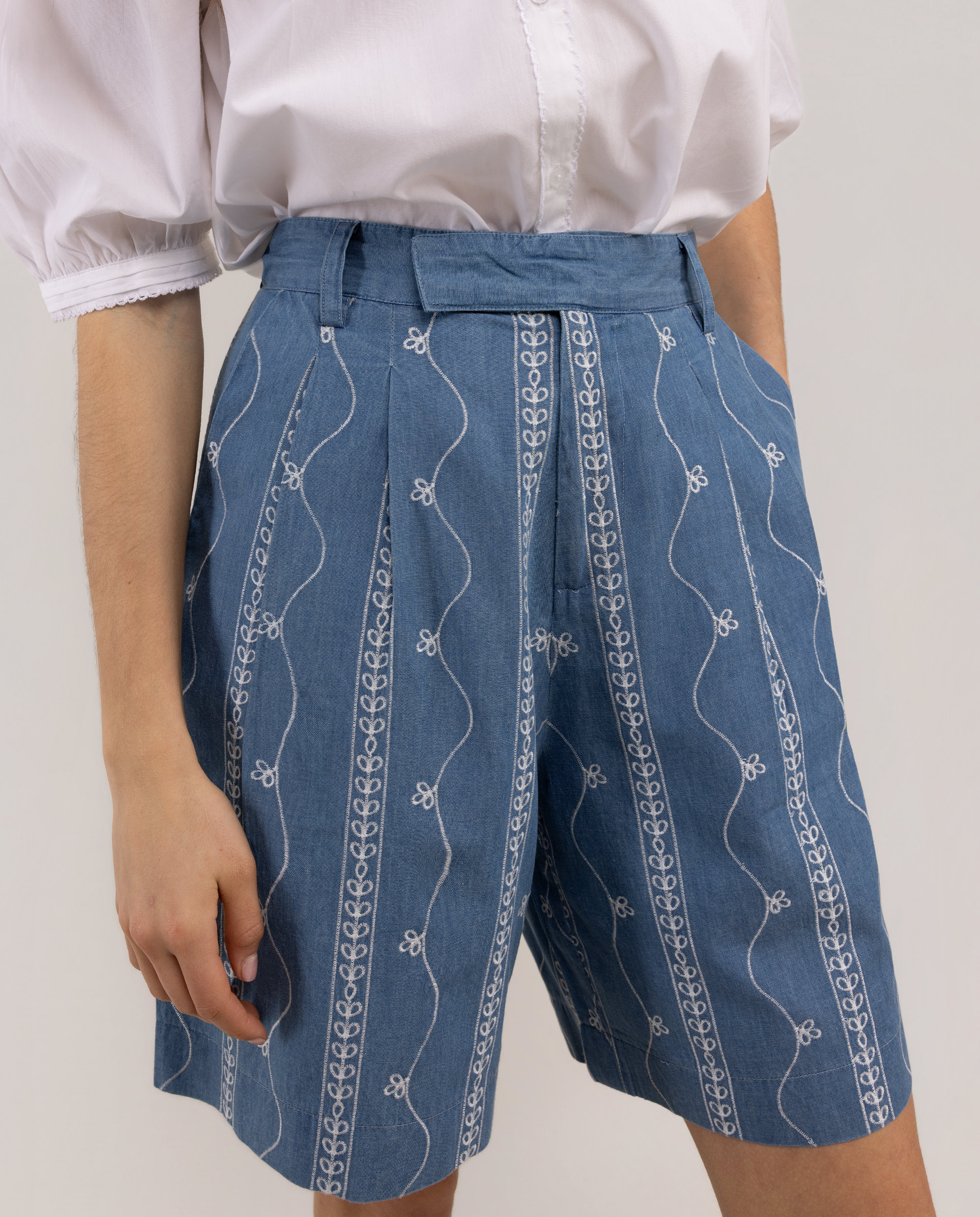 Yasmine Denim Embroidered Bermuda Shorts