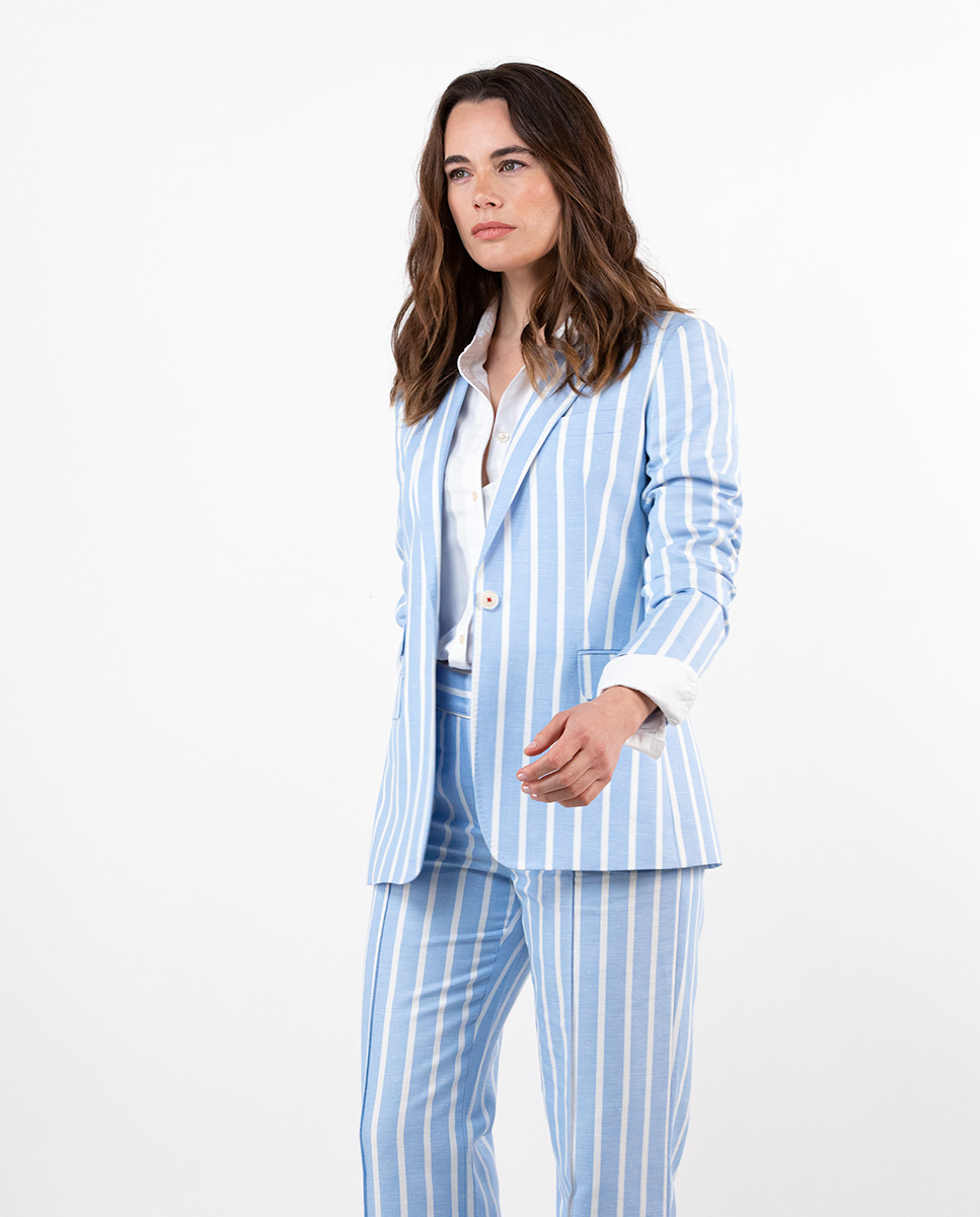 Americana Coordinada Oxford Celeste Rayas Blancas