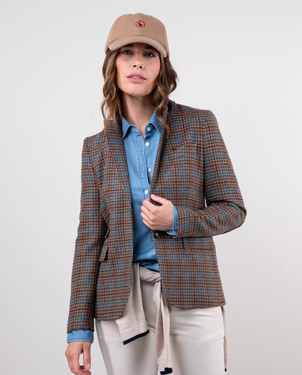 Americana Lana Pata De Gallo Marrón Perfil Turquesa